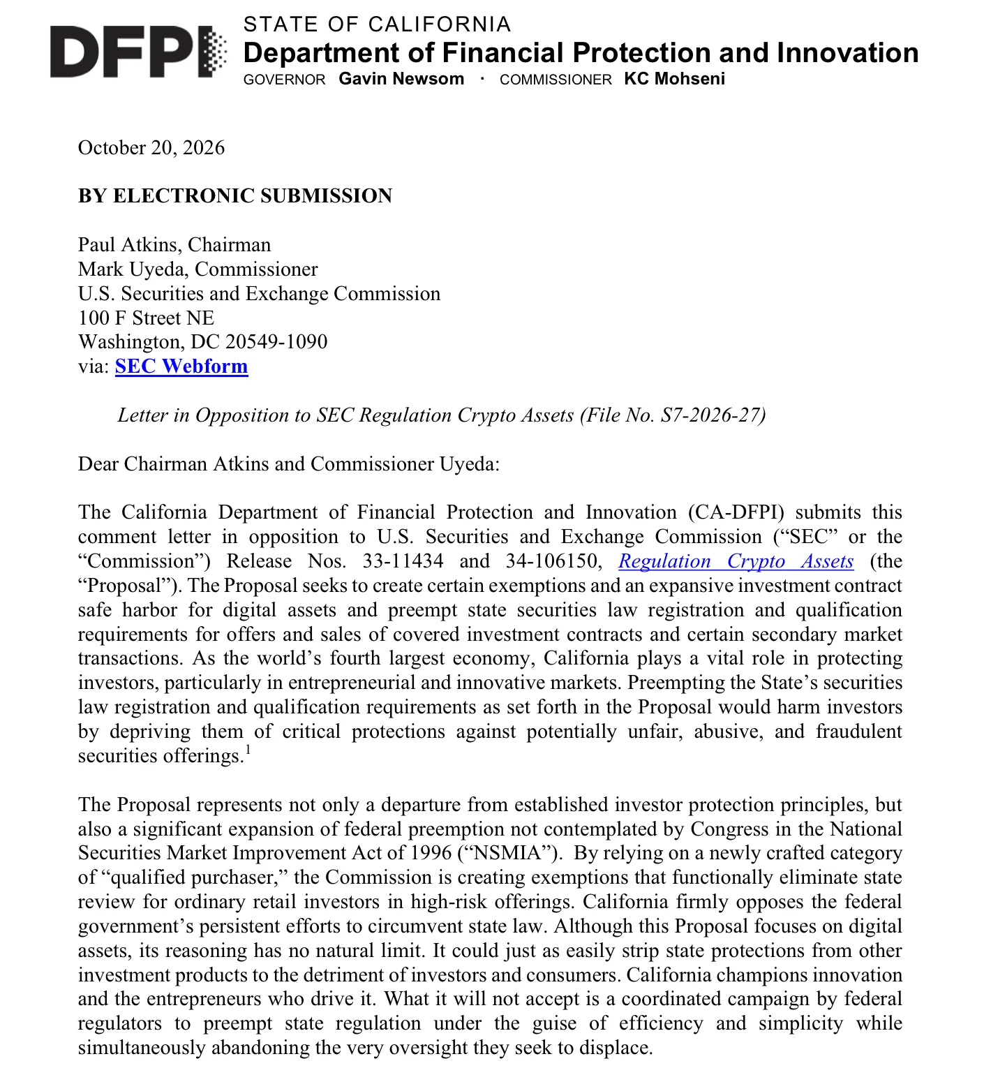 ภาพหน้าแรกของจดหมายคัดค้านจาก California Department of Financial Protection and Innovation ถึงประธาน SEC ลงวันที่ 20 ตุลาคม 2026
