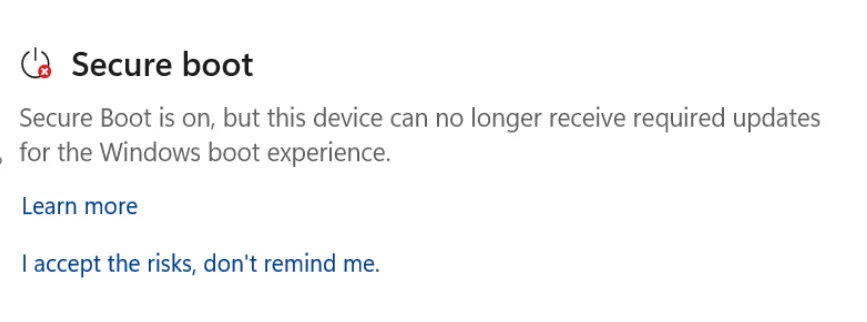 สถานะสีแดงในหน้า Secure Boot ของแอป Windows Security ว่าเครื่องรับอัปเดตการบูตไม่ได้แล้ว
