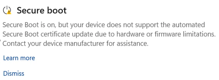 คำเตือนสีเหลืองในหน้า Secure Boot ของแอป Windows Security เรื่องข้อจำกัดฮาร์ดแวร์หรือเฟิร์มแวร์