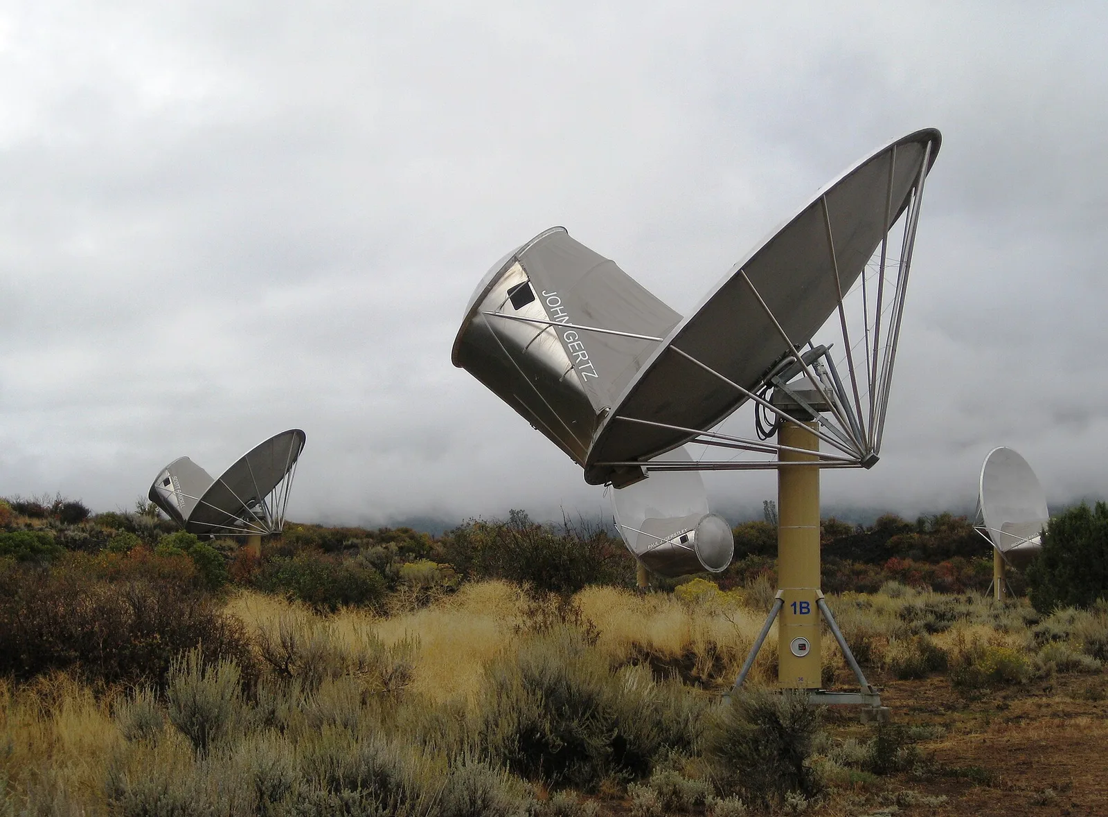 จานรับสัญญาณของ Allen Telescope Array ท่ามกลางทุ่งหญ้า