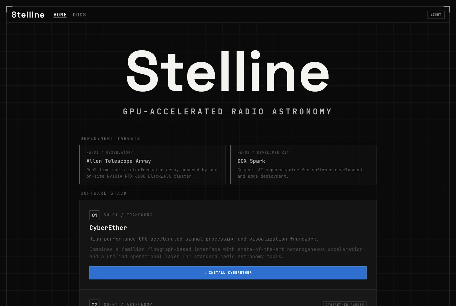 หน้าแรกของเว็บไซต์ Stelline แสดง Allen Telescope Array และ DGX Spark