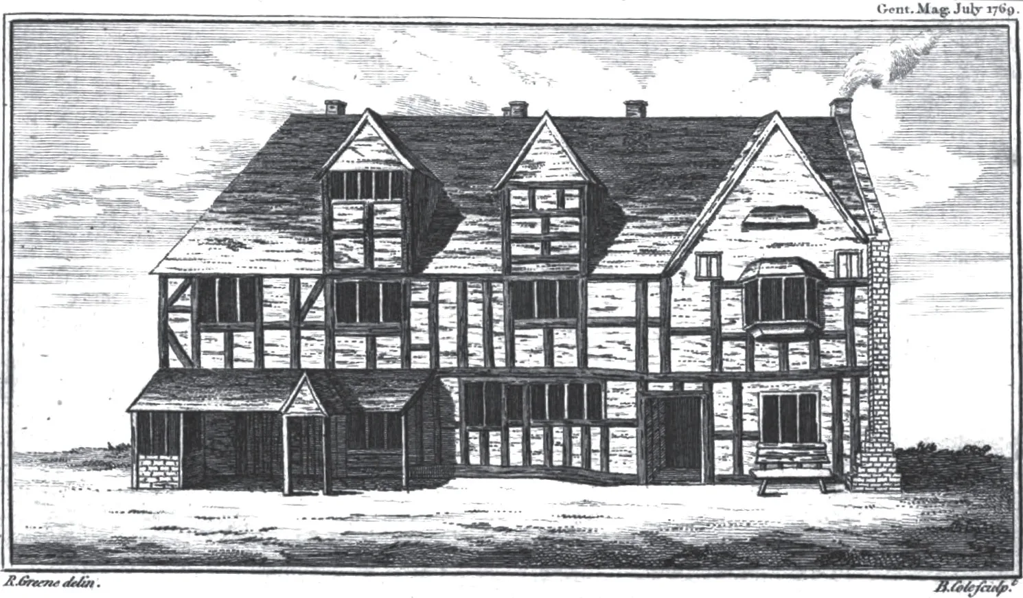ภาพพิมพ์บ้านเกิดของเชกสเปียร์ตามสภาพในปี 1769 จากภาพวาดของ Richard Greene