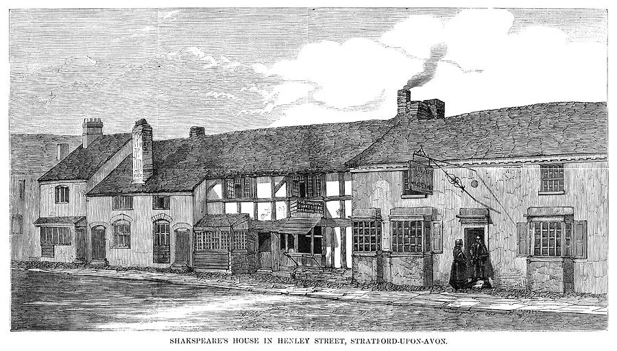 ภาพพิมพ์บ้านเกิดของเชกสเปียร์ตามสภาพในปี 1847 จากหนังสือพิมพ์ Illustrated London News