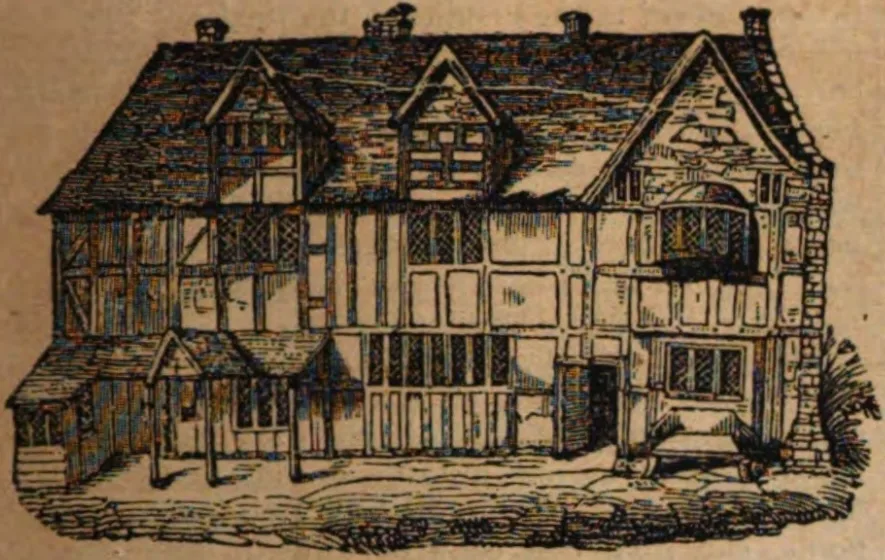 ภาพพิมพ์แกะไม้ปี 1832 แสดงบ้านของเชกสเปียร์ตามสภาพในปี 1788