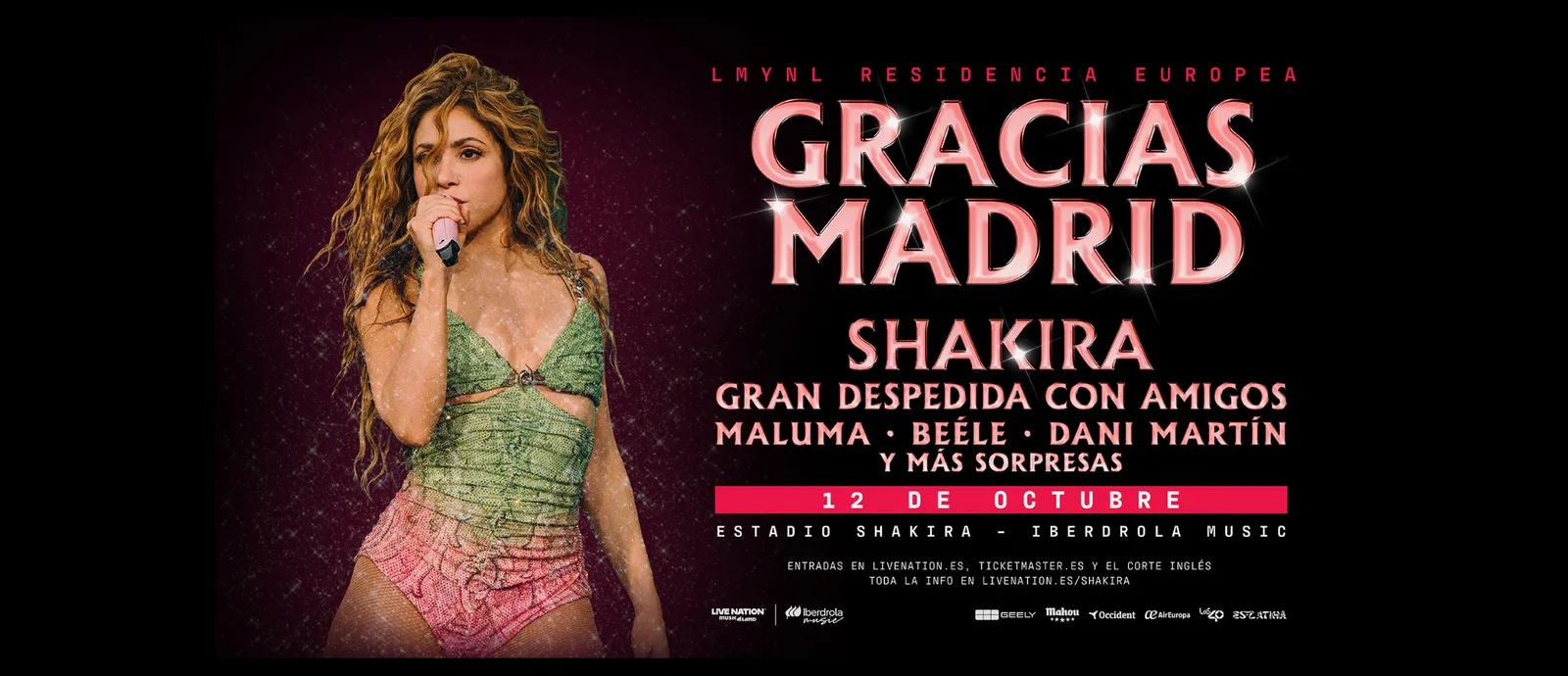 ภาพหน้าจอโปสเตอร์ Gracias Madrid บนเว็บ Live Nation España ประกาศคอนเสิร์ตรอบสุดท้ายของ Shakira วันที่ 12 ตุลาคม ที่ Estadio Shakira – Iberdrola Music พร้อม Maluma, Beéle และ Dani Martín