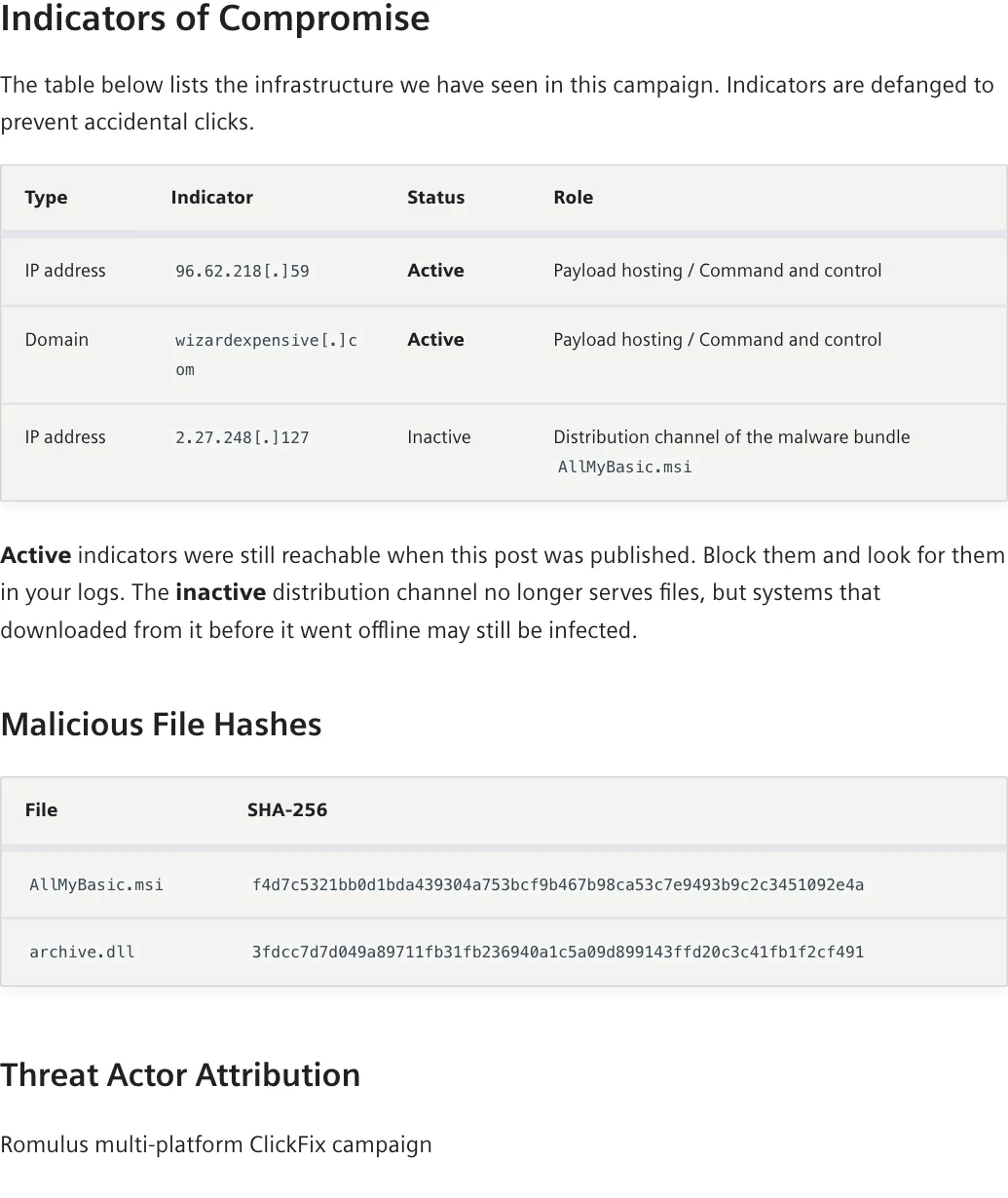 ตาราง IoC ในบล็อก Siemens ProductCERT เรื่องการโจมตีจริงด้วย CVE-2026-110936: IP 96.62.218[.]59 โดเมน wizardexpensive[.]com IP 2.27.248[.]127 ที่ใช้แจก AllMyBasic.msi ค่า SHA-256 ของ AllMyBasic.msi และ archive.dll และการระบุว่าเป็นแคมเปญ ClickFix ชื่อ Romulus