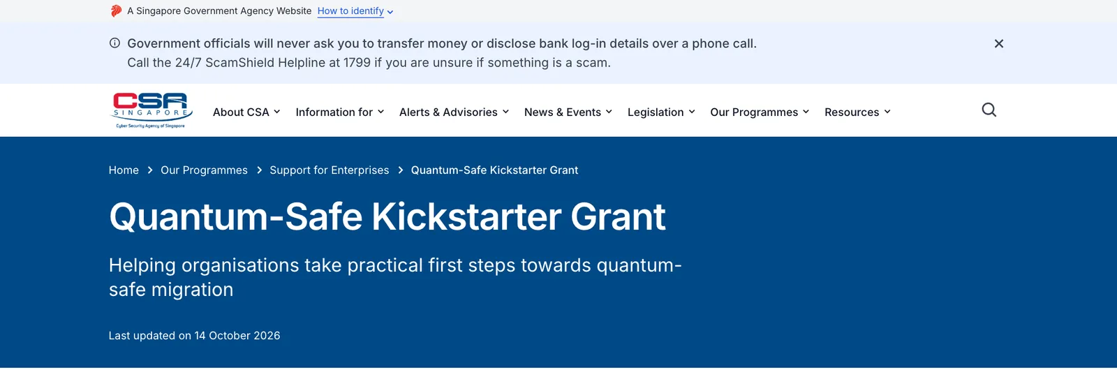 หน้า Quantum-Safe Kickstarter Grant บนเว็บไซต์ CSA ข้อความ Helping organisations take practical first steps towards quantum-safe migration อัปเดต 14 ตุลาคม 2026