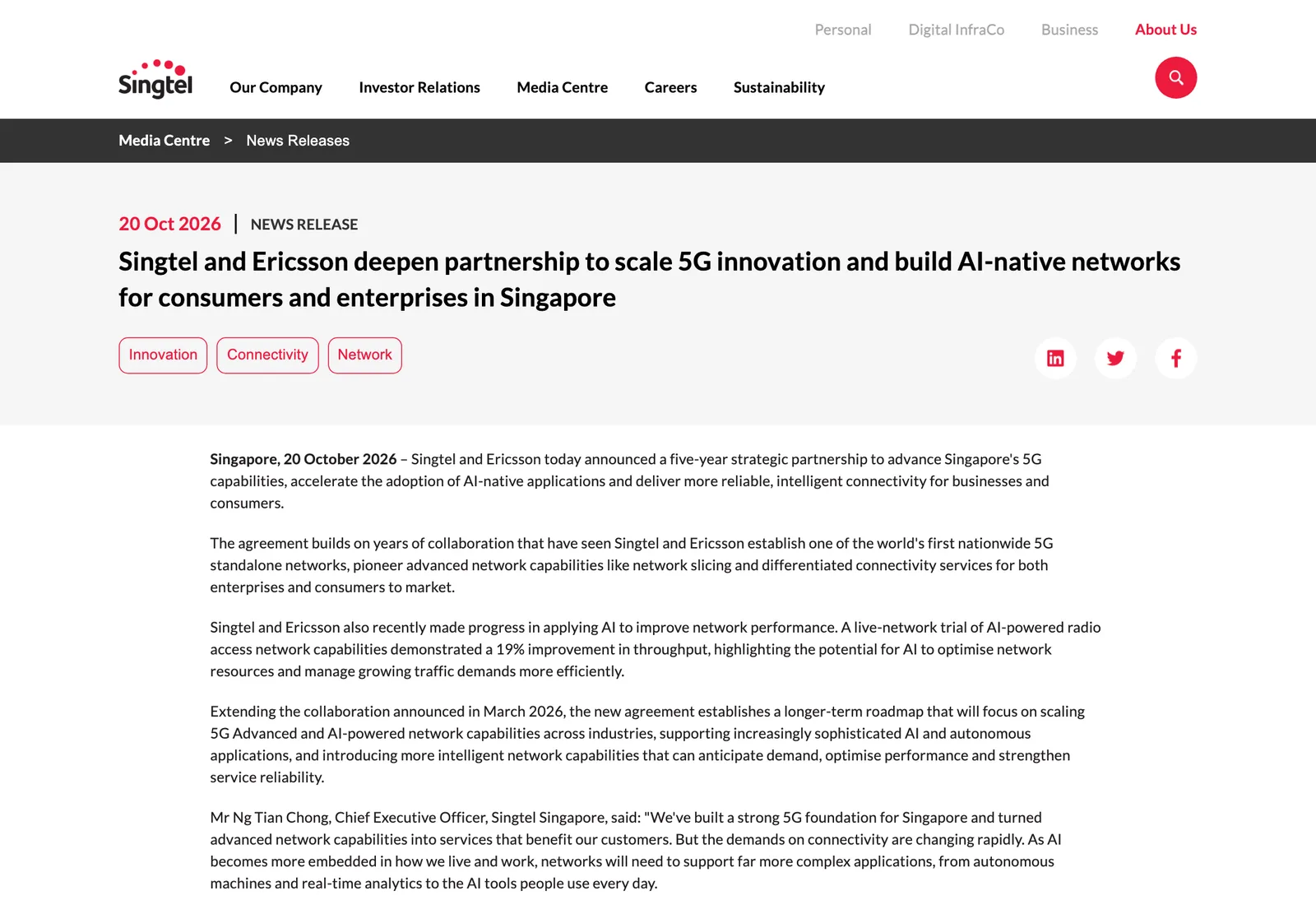 หน้าประกาศของ Singtel วันที่ 20 ตุลาคม 2026 เรื่อง Singtel 5G และความร่วมมือ 5 ปีกับ Ericsson