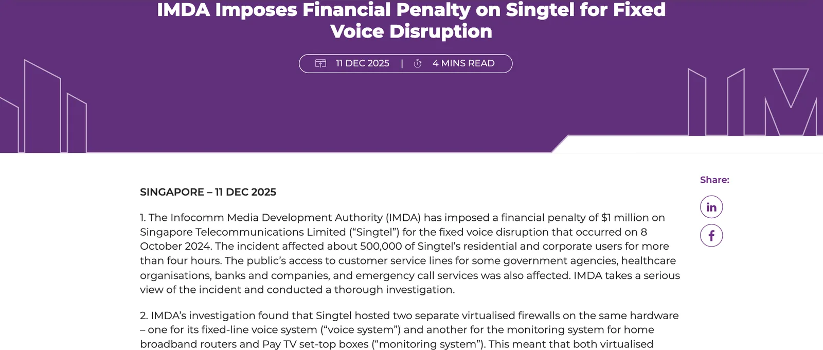 หน้าประกาศของ IMDA วันที่ 11 ธันวาคม 2025 ปรับ Singapore Telecommunications Limited 1 ล้านดอลลาร์สิงคโปร์ จากเหตุโทรศัพท์บ้านขัดข้อง 8 ตุลาคม 2024 ที่กระทบผู้ใช้ราว 500,000 ราย