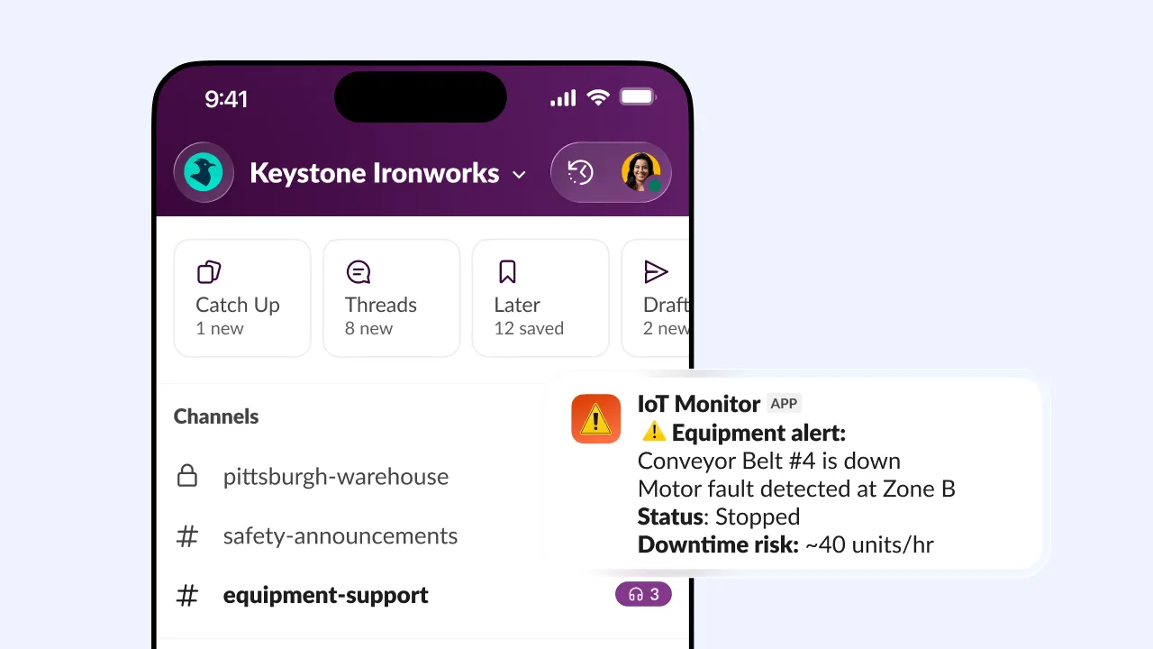 หน้าจอ Slack บนมือถือของโรงงาน แจ้งเตือน IoT Monitor ว่าสายพานลำเลียงหยุดทำงาน
