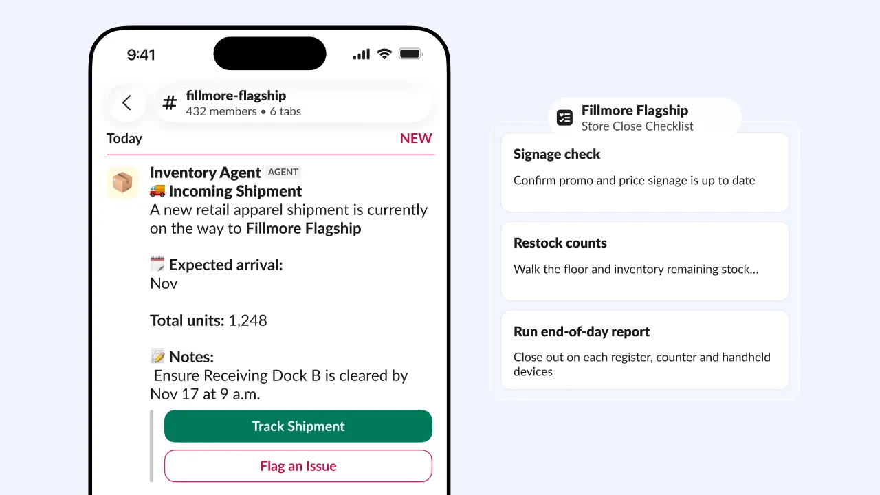 หน้าจอ Slack Frontline บนมือถือของร้านค้า Inventory Agent แจ้งสินค้าที่กำลังส่งมาถึงสาขา พร้อมเช็กลิสต์ปิดร้าน