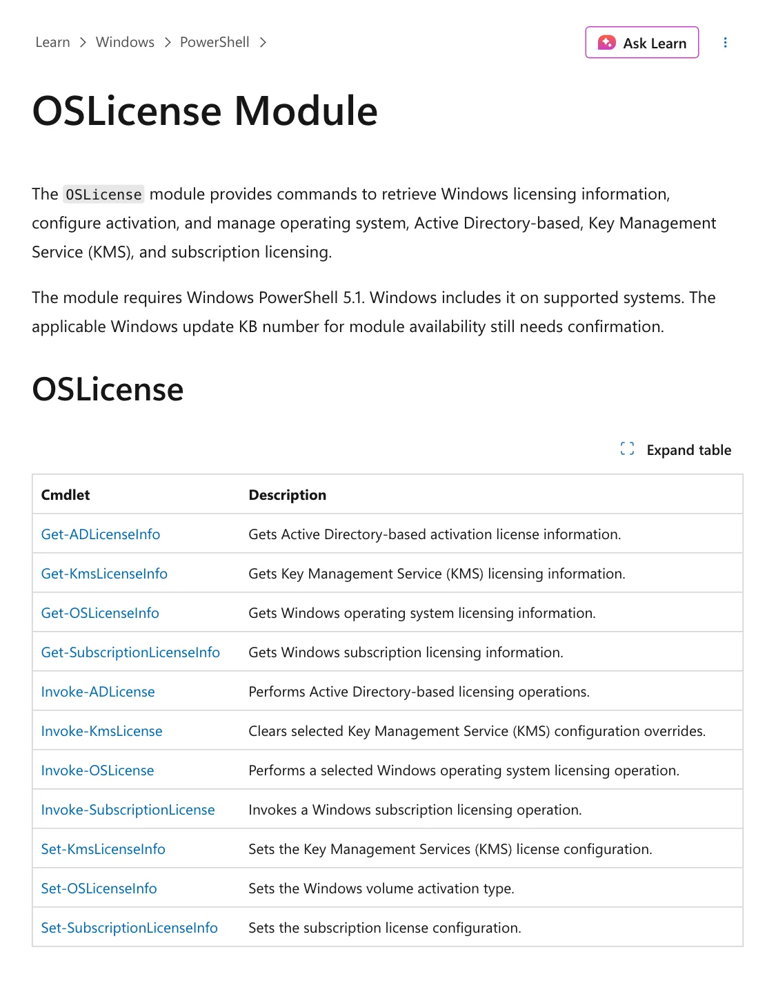 หลัง slmgr.vbs เลิกใช้ หน้าเอกสาร OSLicense Module บน Microsoft Learn แสดงคำสั่ง 11 ตัวสำหรับไลเซนส์ระบบปฏิบัติการ KMS, Active Directory และ subscription