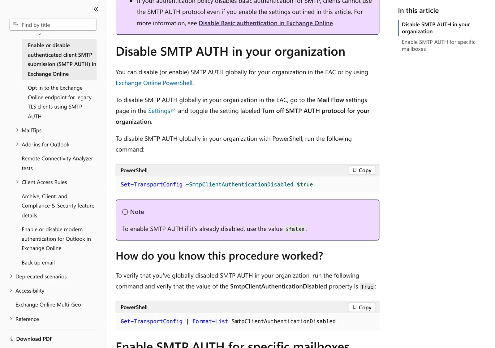 หน้า Microsoft Learn ส่วน Disable SMTP AUTH in your organization แสดงคำสั่ง Set-TransportConfig และ Get-TransportConfig