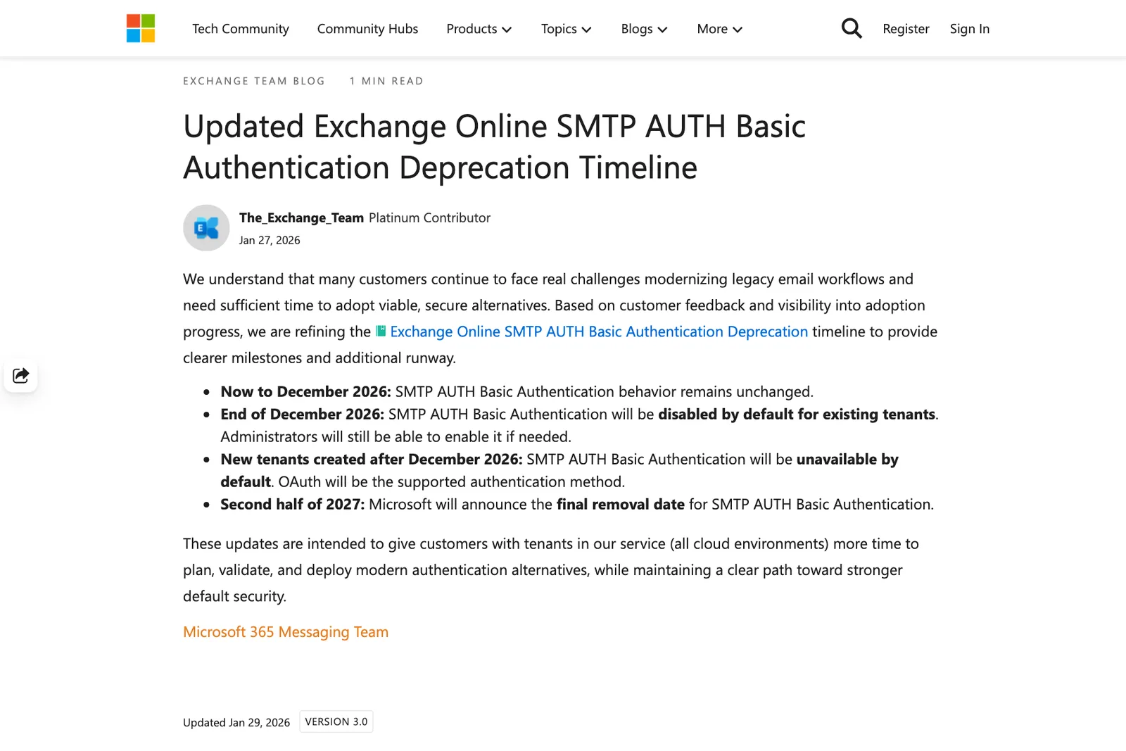โพสต์ Updated Exchange Online SMTP AUTH Basic Authentication Deprecation Timeline ของทีม Exchange ลงวันที่ 27 มกราคม 2026
