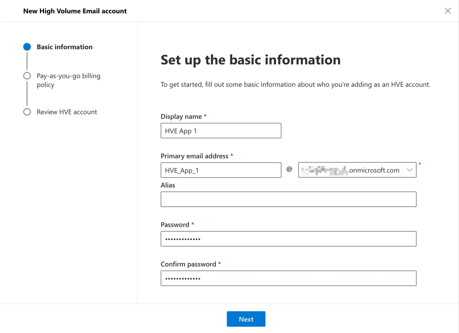 หน้าจอเพิ่มบัญชี HVE ใหม่ใน Exchange admin center ระบุชื่อ ที่อยู่อีเมล และรหัสผ่าน