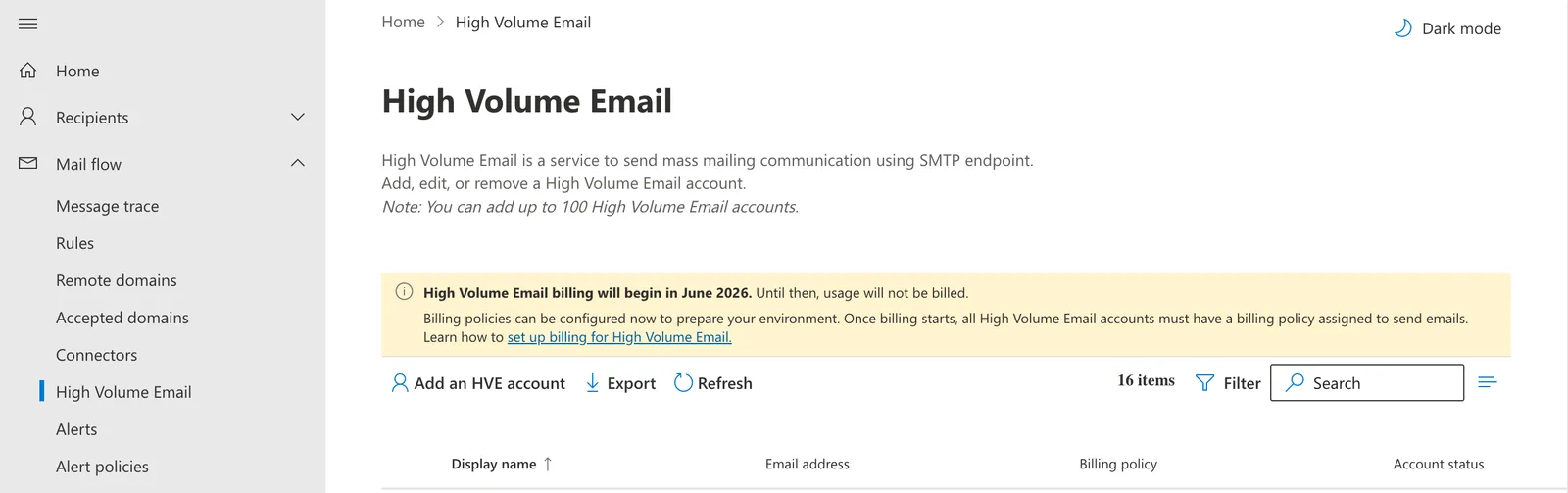 หน้า High Volume Email ใน Exchange admin center สำหรับเพิ่มบัญชี HVE