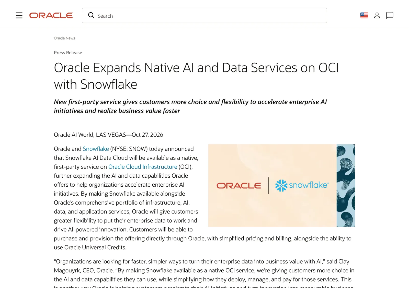 ข่าวประชาสัมพันธ์ของ Oracle เรื่อง Oracle Expands Native AI and Data Services on OCI with Snowflake