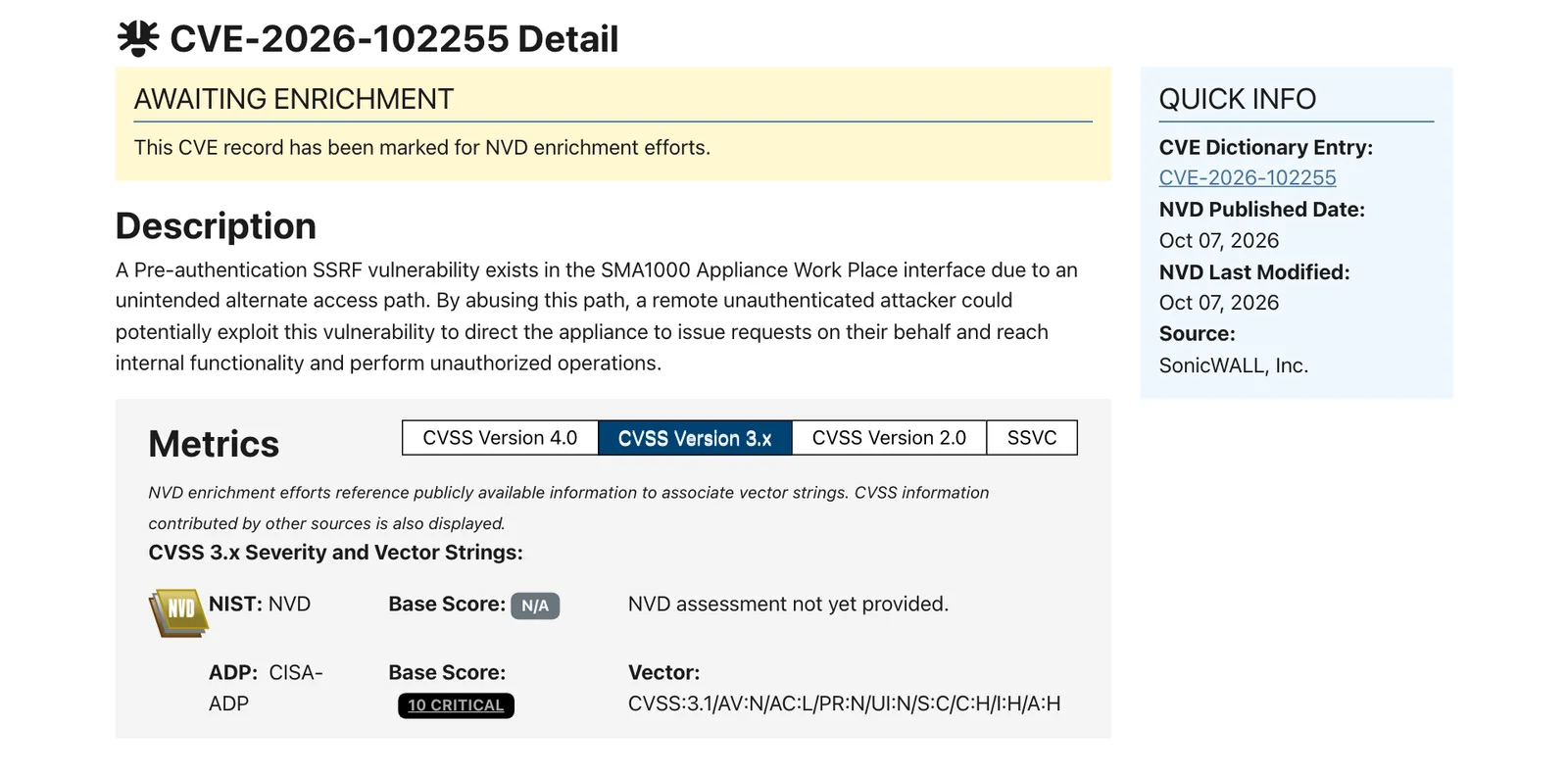 หน้า CVE-2026-102255 ใน NVD อธิบายช่องโหว่ SSRF ก่อนล็อกอินในหน้า Work Place ของ SMA1000 และคะแนน CVSS 3.1 จาก CISA-ADP 10 Critical