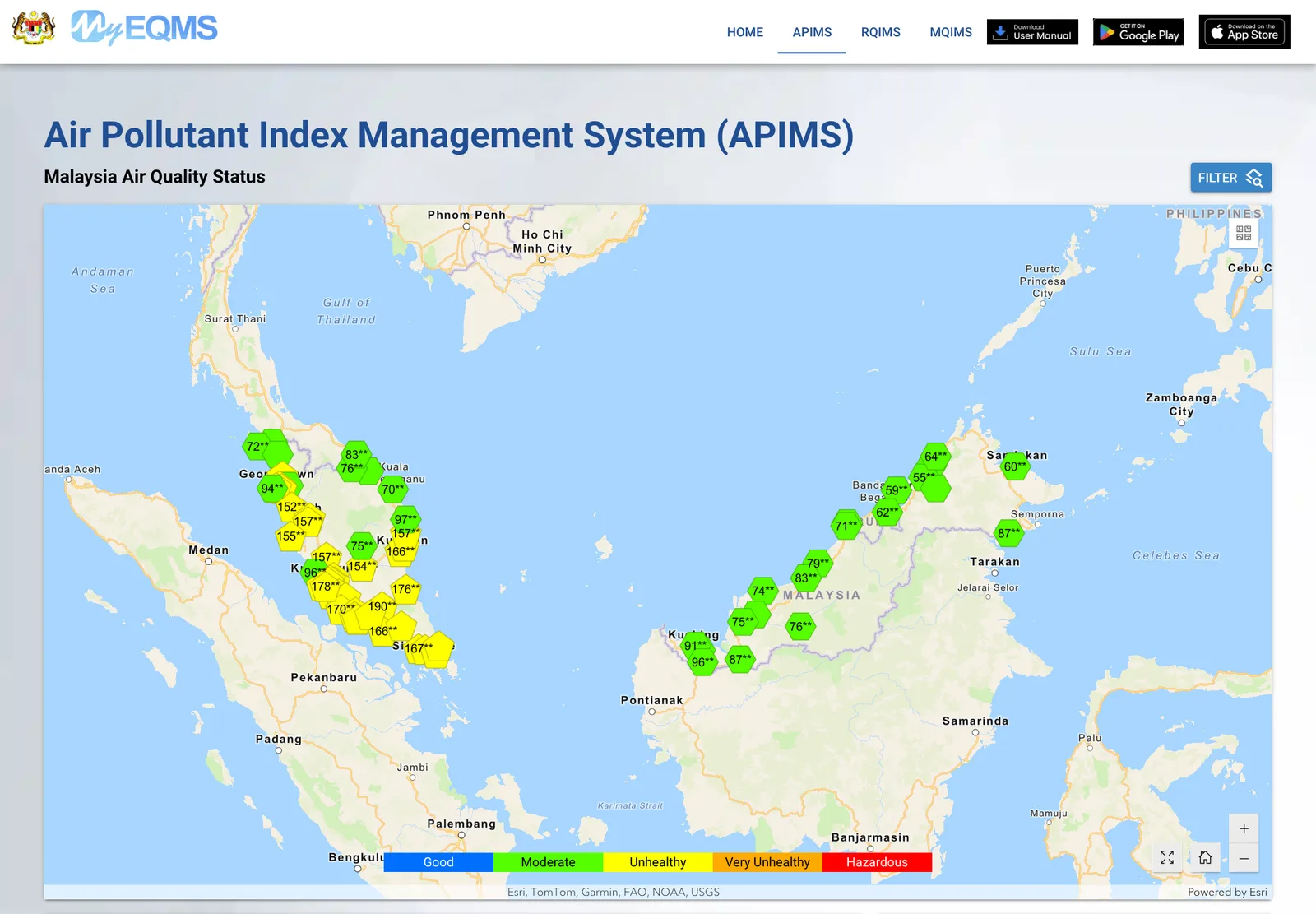 แผนที่ระบบ APIMS ของกรมสิ่งแวดล้อมมาเลเซียค่ำวันที่ 8 ตุลาคม 2026 แสดงค่า API รายสถานี สถานีสีเหลืองระดับ Unhealthy อยู่ฝั่งตะวันตกและตอนใต้ของคาบสมุทรมลายู ส่วนสถานีในซาบาห์และซาราวักเป็นสีเขียวระดับ Moderate