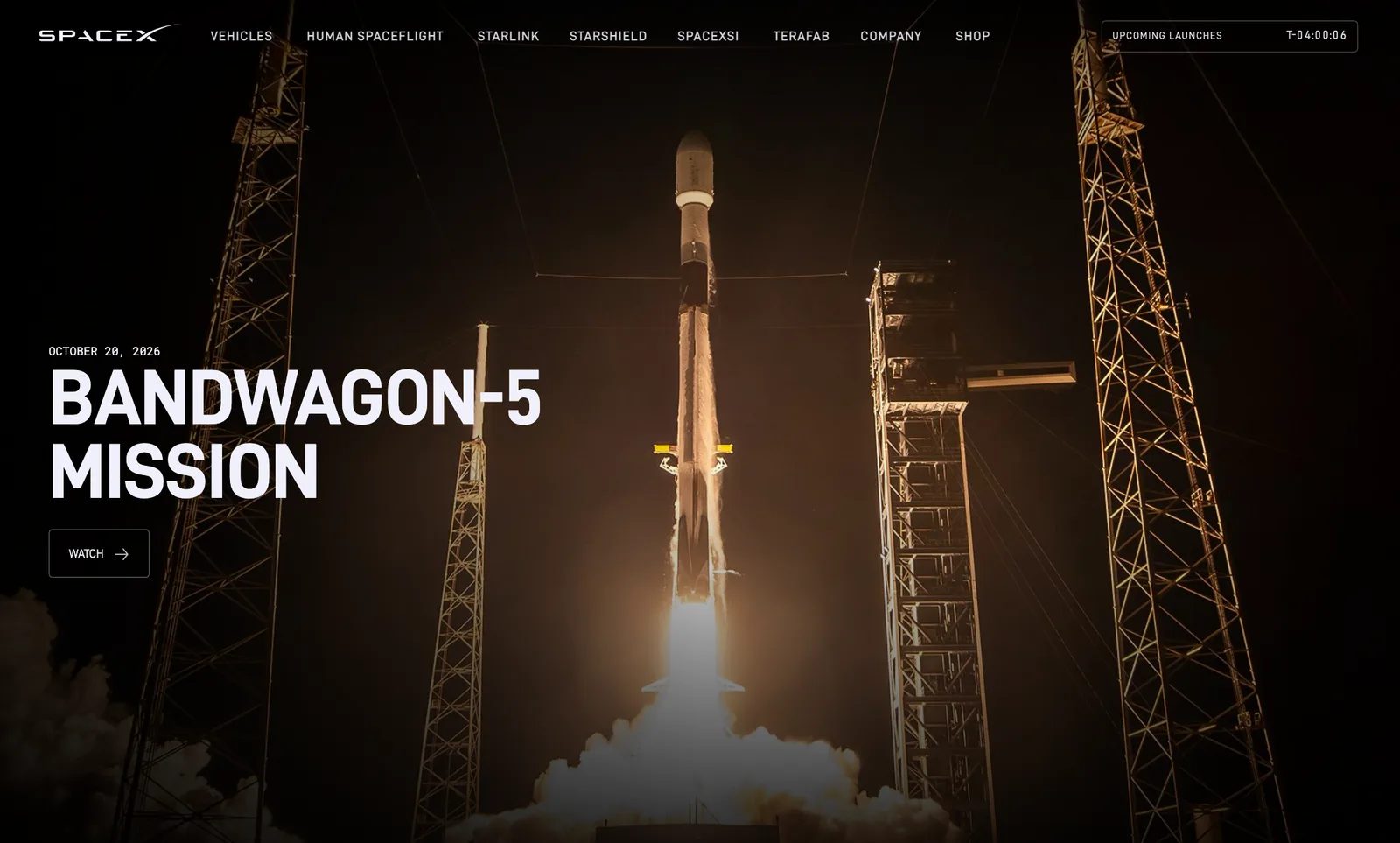 หน้าภารกิจ Bandwagon-5 บนเว็บไซต์ SpaceX ลงวันที่ 20 ตุลาคม 2026