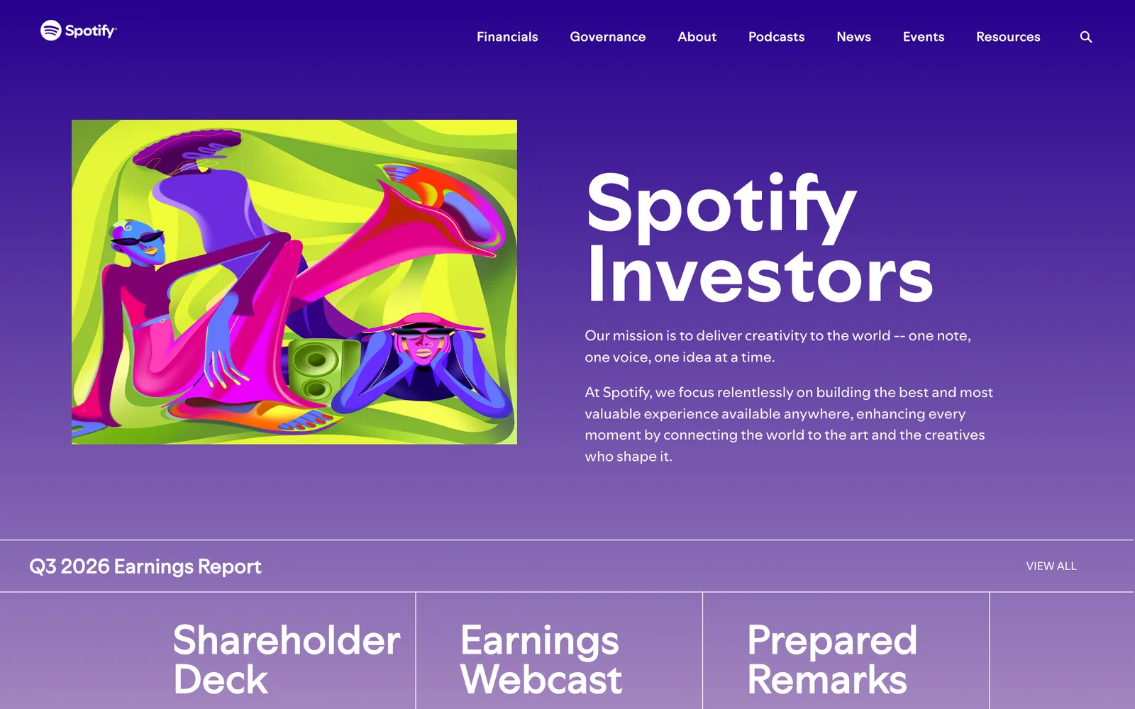 หน้าเว็บ Spotify Investors ส่วน Q3 2026 Earnings Report มีลิงก์ Shareholder Deck, Earnings Webcast และ Prepared Remarks ของผล Spotify Q3 2026