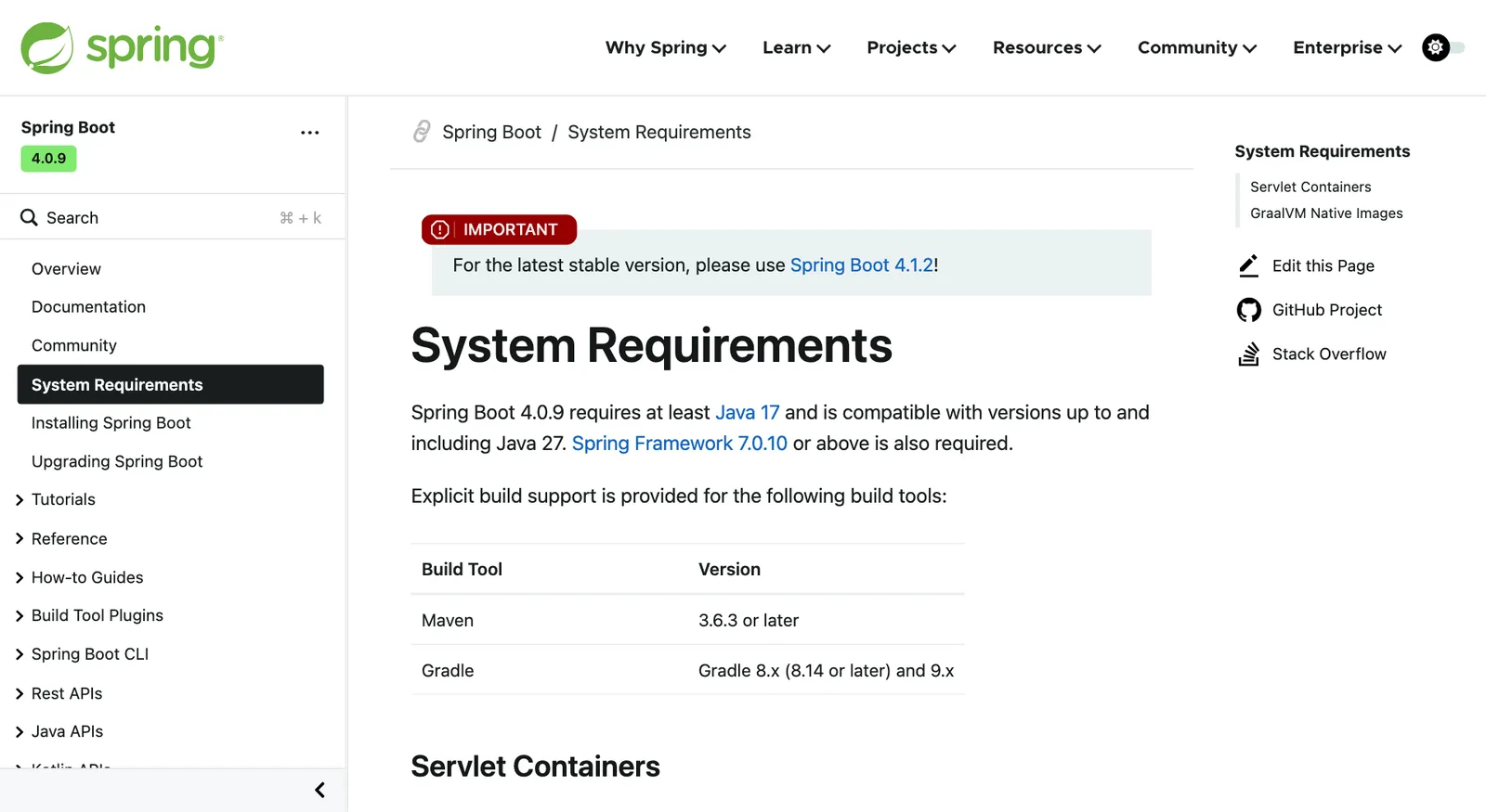 หน้า System Requirements ของ Spring Boot 4.0.9 ระบุว่าต้องใช้ Java 17 ขึ้นไป รองรับถึง Java 27 และ Spring Framework 7.0.10 ขึ้นไป พร้อมคำแนะนำให้ใช้ Spring Boot 4.1.2