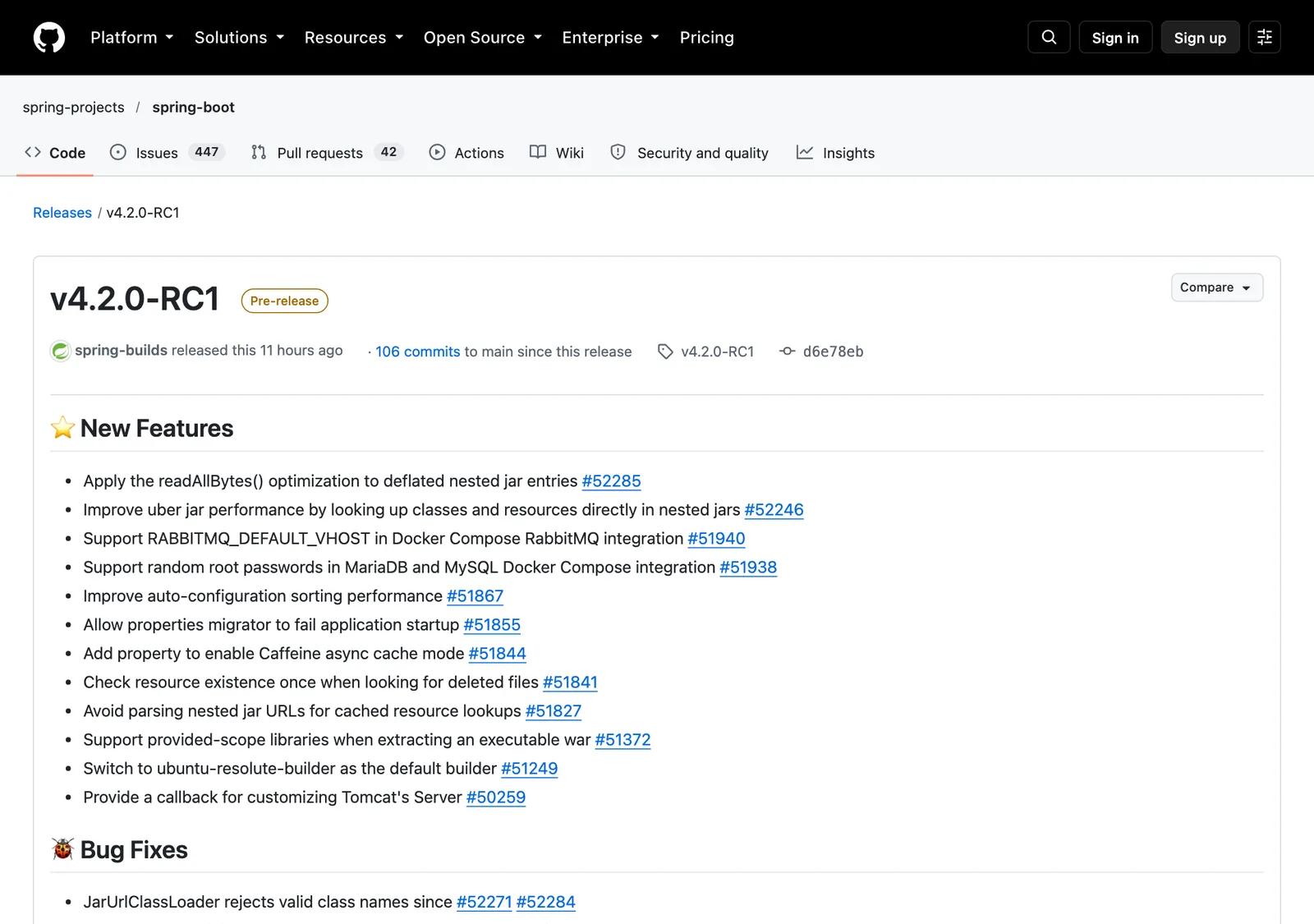หน้า GitHub Release ของ Spring Boot v4.2.0-RC1 สถานะ Pre-release พร้อมรายการ New Features เช่น uber jar เร็วขึ้นและ builder เริ่มต้นใหม่