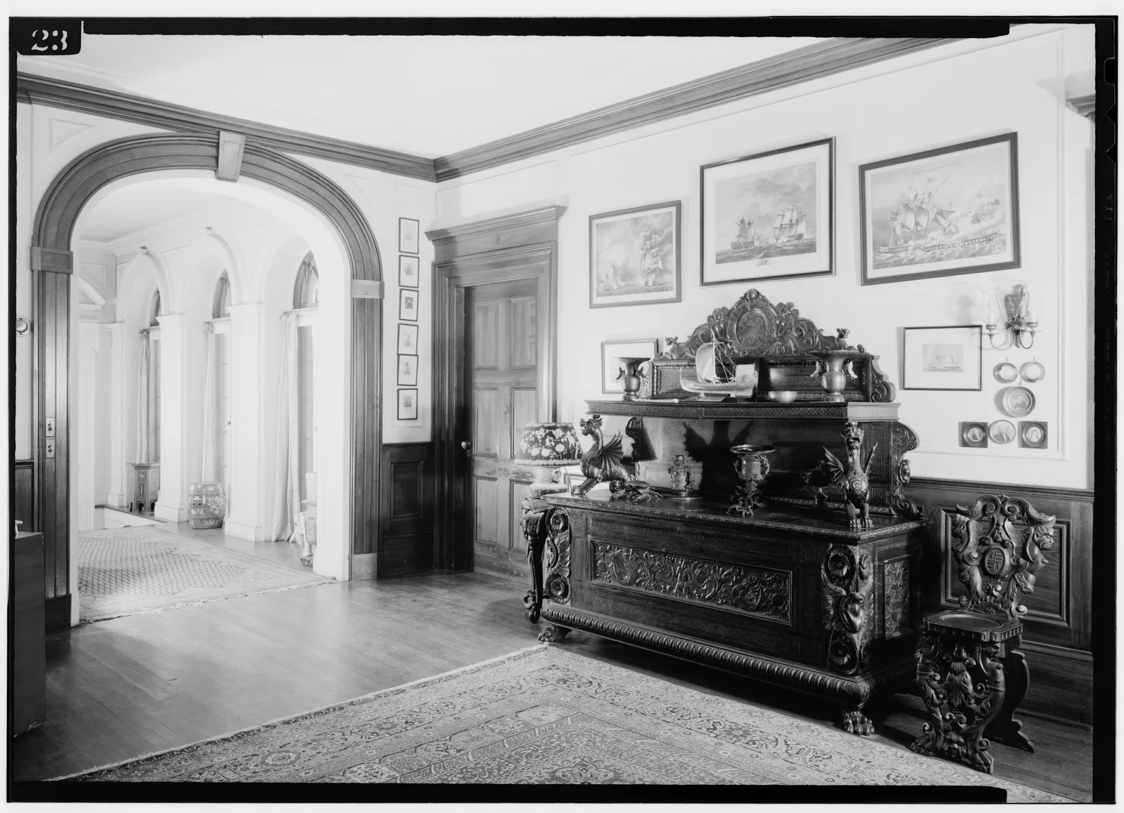 โถงทางเข้าและทางเดินของบ้าน Springwood ภาพถ่ายของ Historic American Buildings Survey เดือนกรกฎาคม 1941