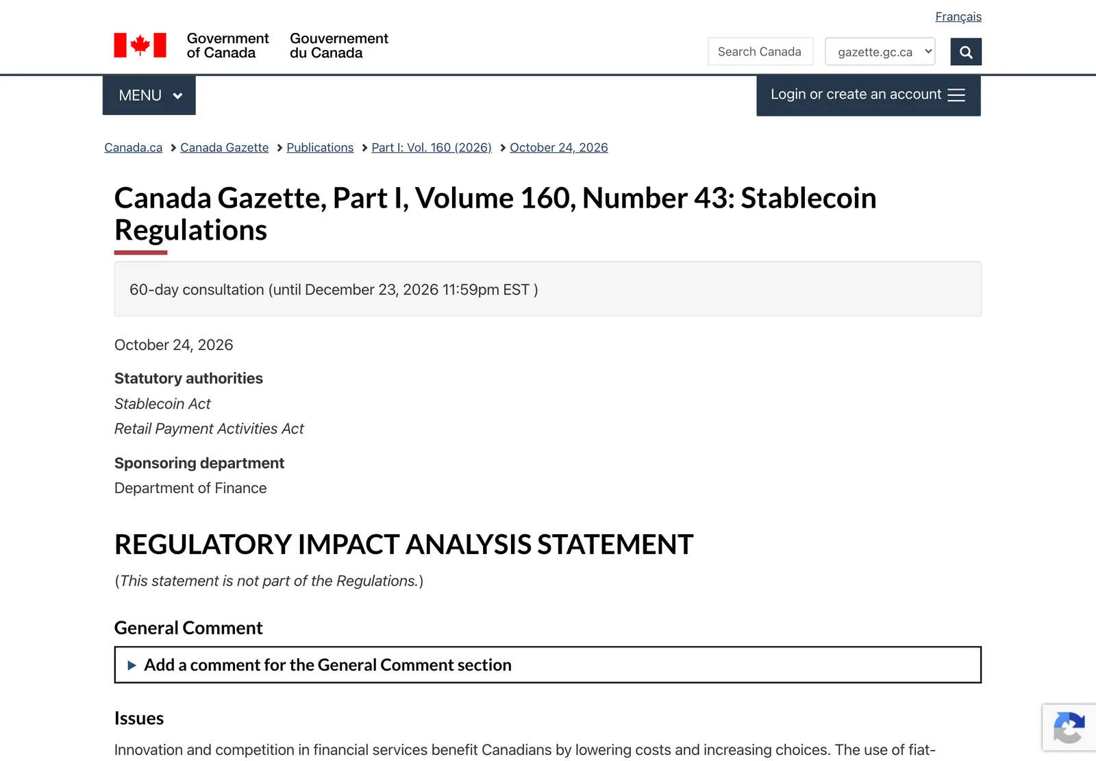 หน้า Canada Gazette Part I เล่ม 160 ฉบับที่ 43 เผยแพร่ร่าง Stablecoin Regulations ใต้ Stablecoin Act แคนาดา วันที่ 24 ตุลาคม 2026 ระบุรับฟังความเห็น 60 วันถึง 23 ธันวาคม 2026