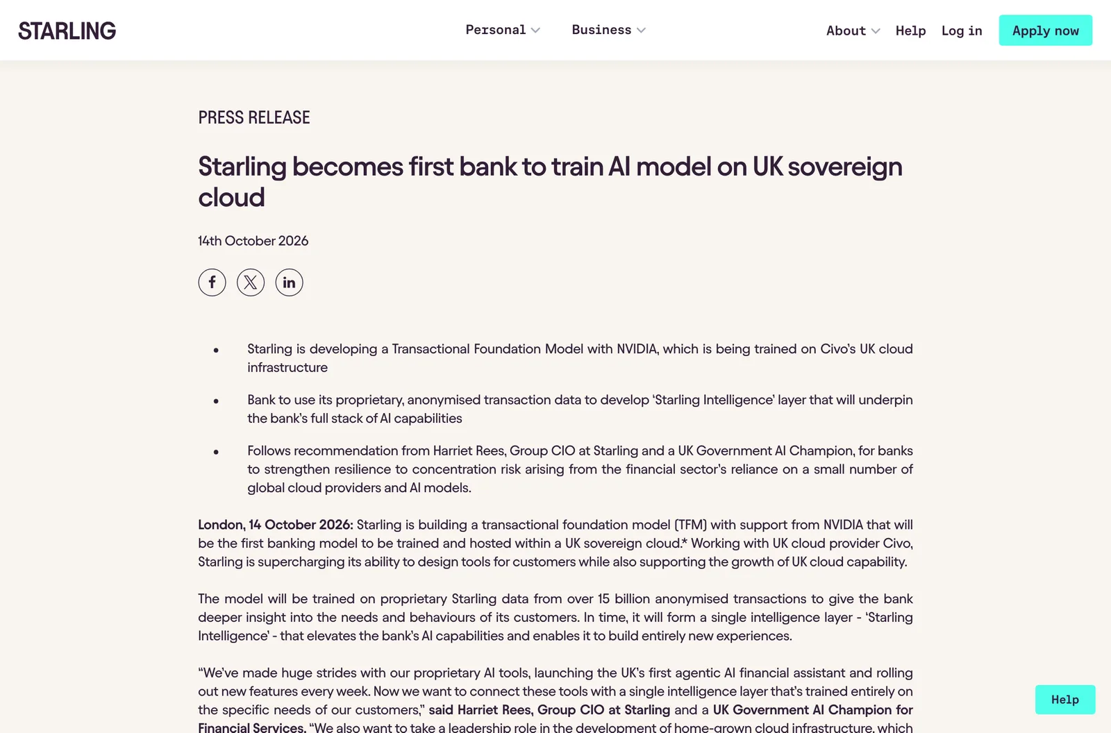 ภาพหน้าจอประกาศ Starling sovereign cloud ของ Starling Bank วันที่ 14 ตุลาคม 2026 เรื่องเป็นธนาคารแรกที่ฝึกโมเดล AI บนคลาวด์อธิปไตยของสหราชอาณาจักร