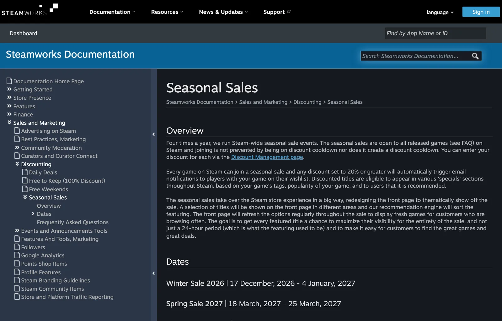 ภาพหน้าจอหน้า Seasonal Sales ของ Steamworks อธิบายการแจ้งเตือน Wishlist เมื่อเกมลดตั้งแต่ 20% และวัน Winter Sale 2026