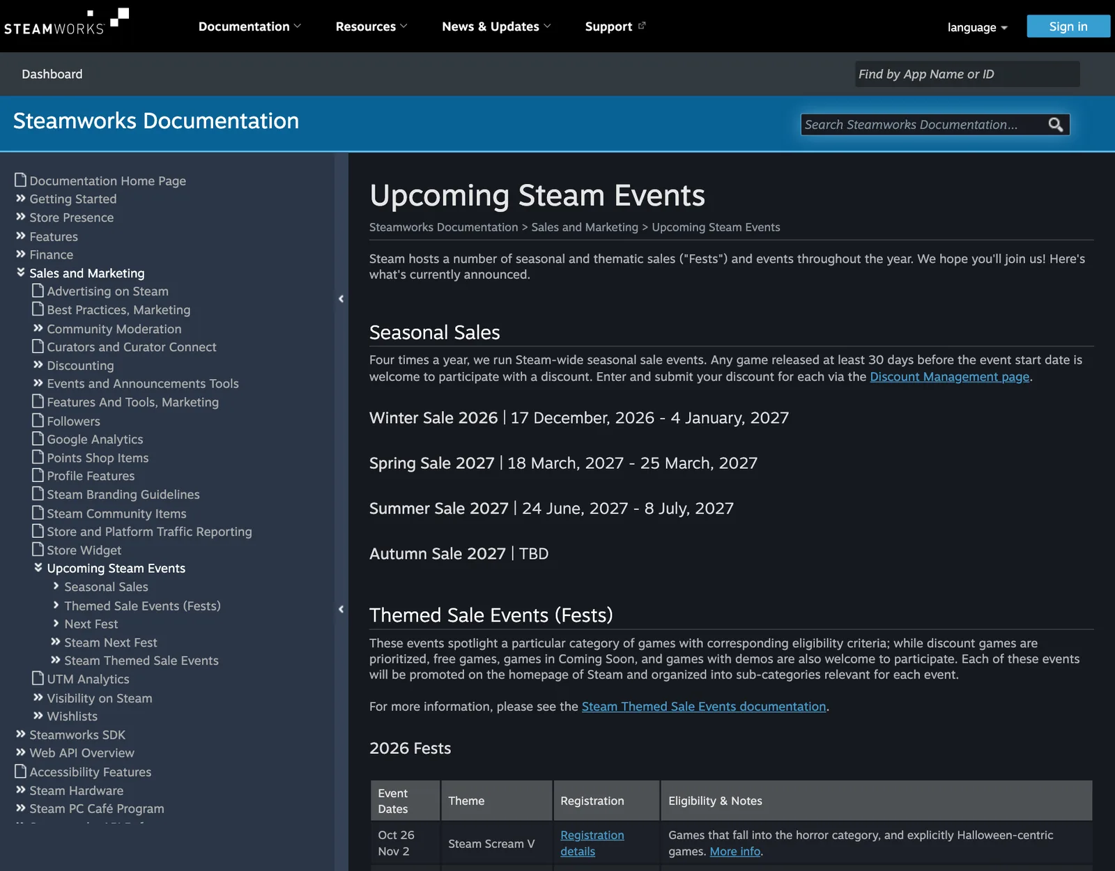 ภาพหน้าจอหน้า Upcoming Steam Events ของ Steamworks ณ 22 ตุลาคม 2026 แสดงวัน Winter Sale 2026 และ Steam Scream Fest 2026 (Steam Scream V) 26 ต.ค.–2 พ.ย.