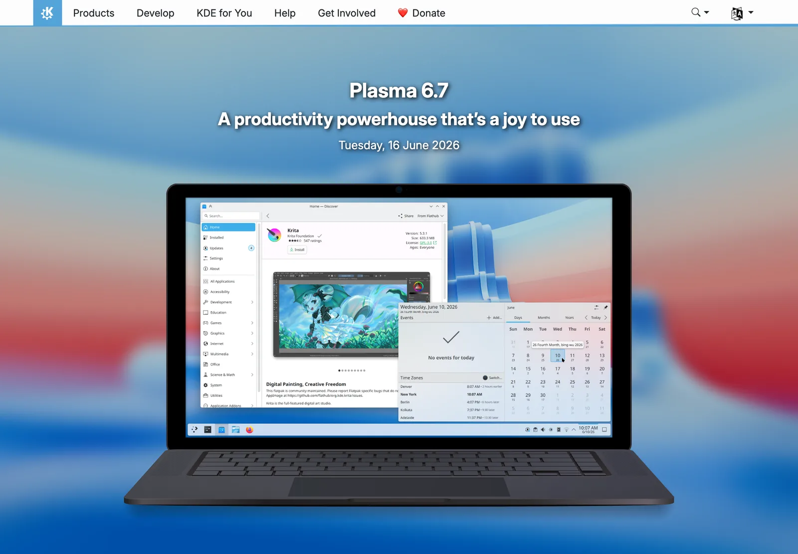 หน้าประกาศ KDE Plasma 6.7 ลงวันที่ 16 มิถุนายน 2026 พร้อมภาพเดสก์ท็อปบนโน้ตบุ๊ก