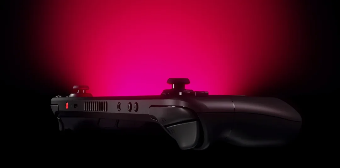 เครื่องเกมพกพา Steam Deck OLED ของ Valve มองจากด้านบนบนพื้นหลังสีชมพู