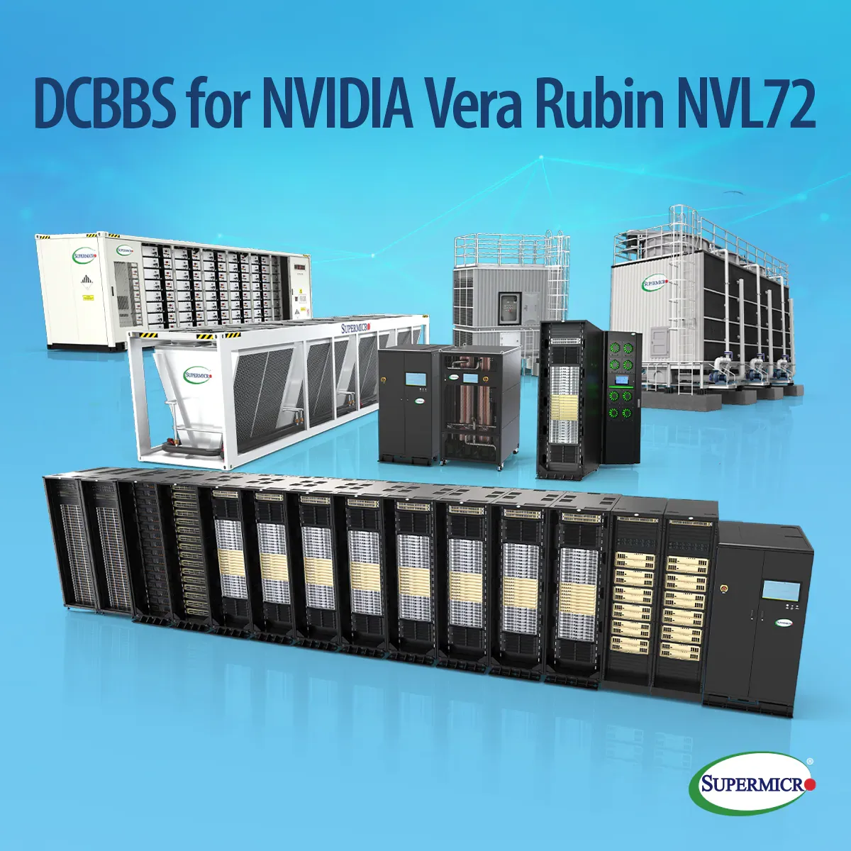 ภาพประชาสัมพันธ์ DCBBS for NVIDIA Vera Rubin NVL72 ของ Supermicro แสดงแถวแร็กประมวลผล หน่วยกระจายความร้อน และอุปกรณ์ระบายความร้อนฝั่งอาคาร