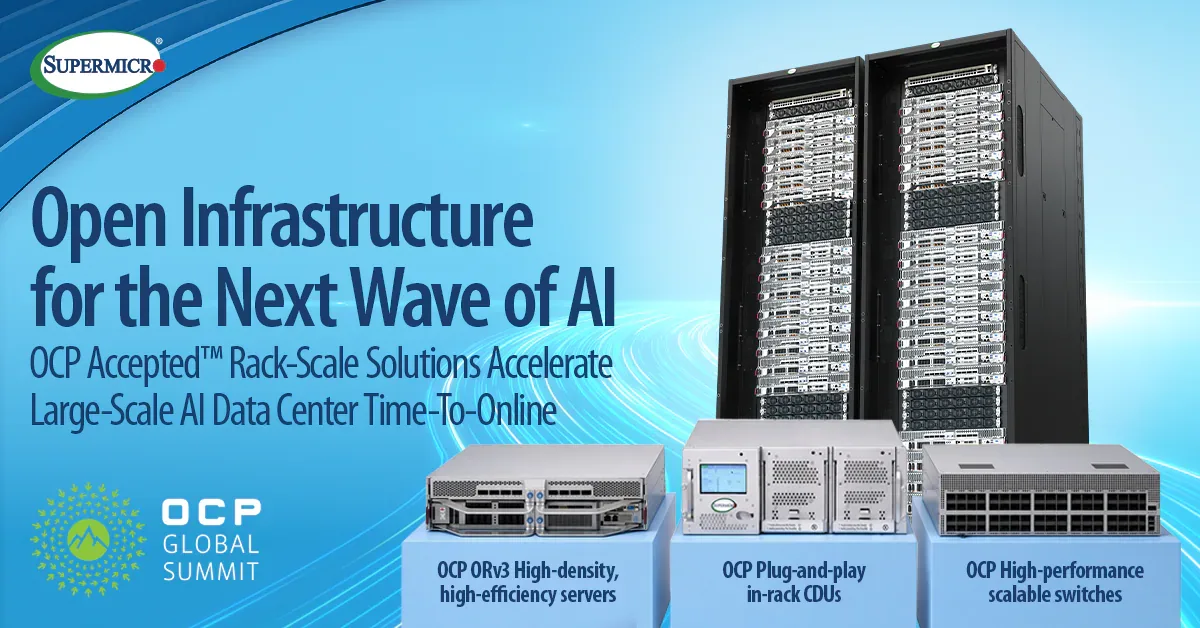 ภาพประชาสัมพันธ์ Open Infrastructure for the Next Wave of AI ของ Supermicro แสดงแร็ก OCP Accepted เซิร์ฟเวอร์ ORv3 หน่วยกระจายความร้อนในแร็ก และสวิตช์