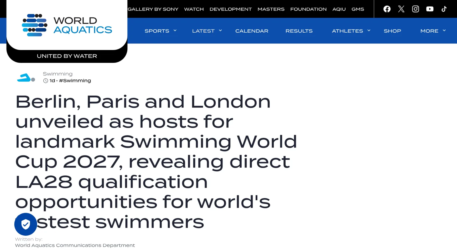 หน้าข่าว World Aquatics ประกาศเจ้าภาพ Swimming World Cup 2027 LA28 ที่เบอร์ลิน ปารีส และลอนดอน
