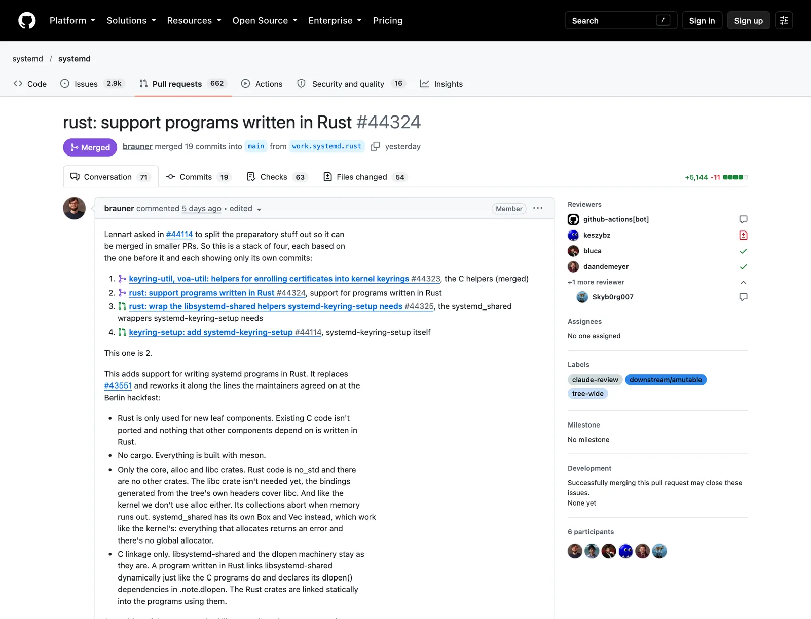 systemd Rust: หน้า pull request 44324 ของ systemd สถานะ Merged หัวข้อ rust: support programs written in Rust