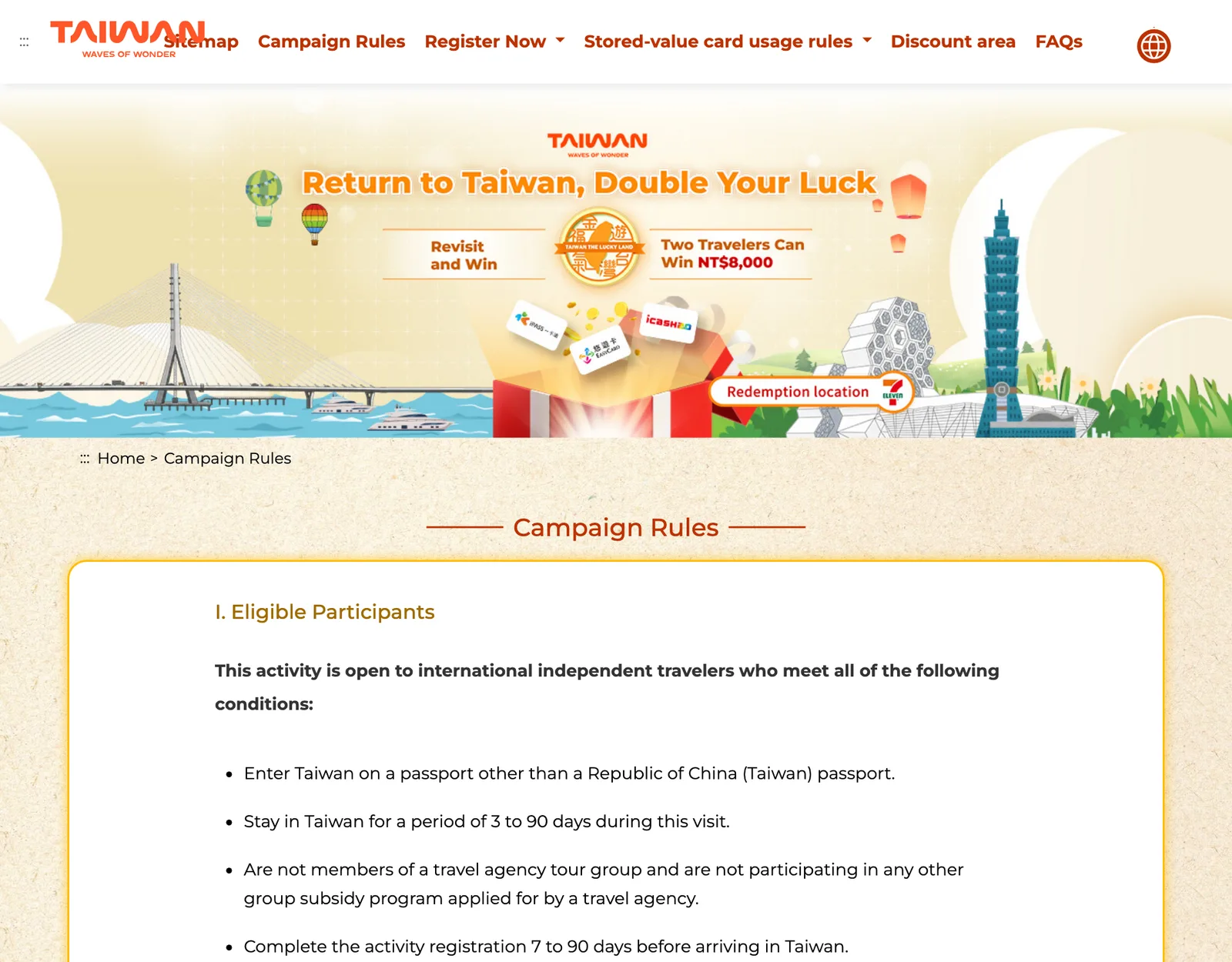 หน้ากติกาภาษาอังกฤษของแคมเปญ Return to Taiwan, Double Your Luck บน 5000.taiwan.net.tw แสดงคุณสมบัติผู้เข้าร่วม เช่น พักในไต้หวัน 3 ถึง 90 วัน และลงทะเบียน 7 ถึง 90 วันก่อนเดินทางถึง