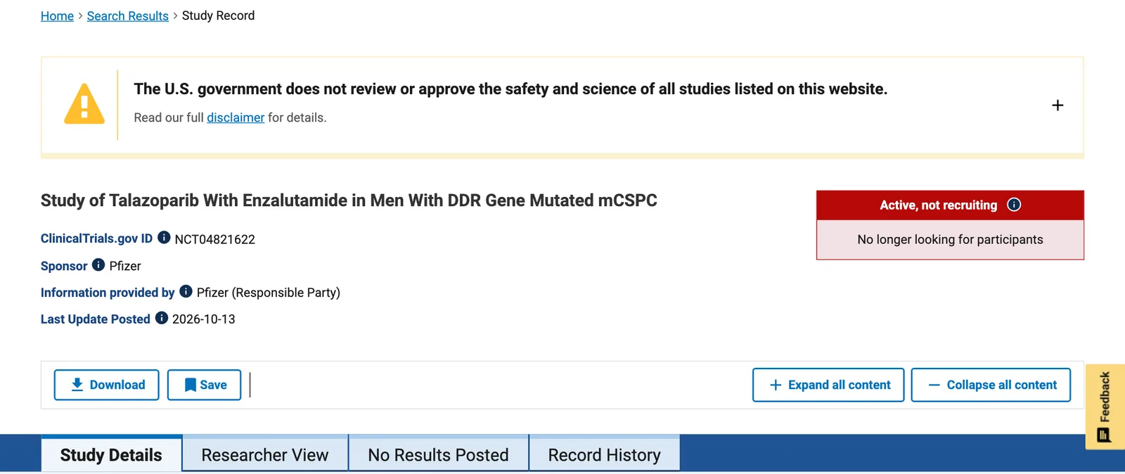 หน้าทะเบียนการทดลอง TALAPRO-3 (NCT04821622) บน ClinicalTrials.gov ผู้สนับสนุนคือ Pfizer สถานะ active, not recruiting