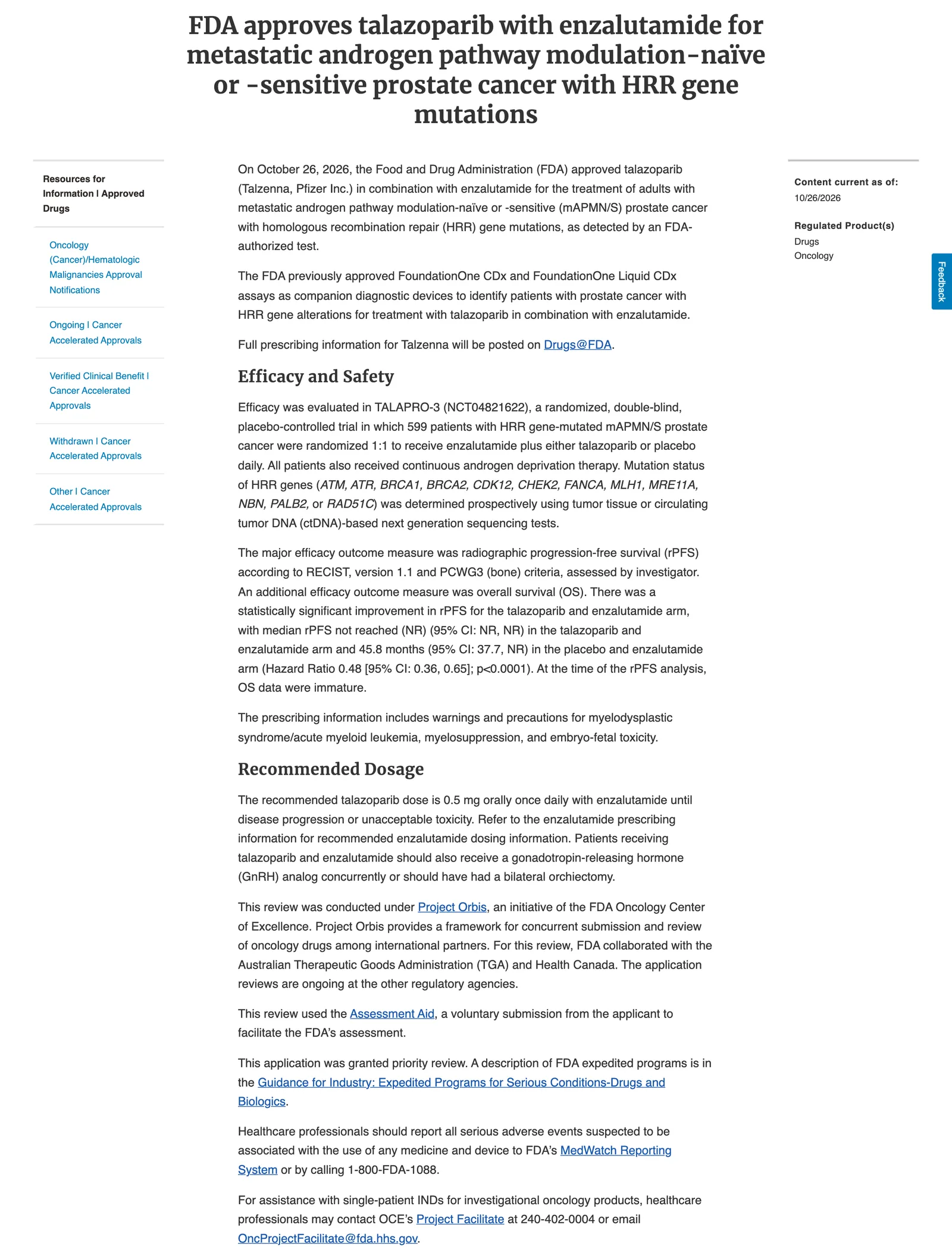 ประกาศของ FDA วันที่ 26 ตุลาคม 2026 เรื่องการอนุมัติ talazoparib ร่วมกับ enzalutamide สำหรับมะเร็งต่อมลูกหมาก mAPMN/S ที่กลายพันธุ์ยีน HRR