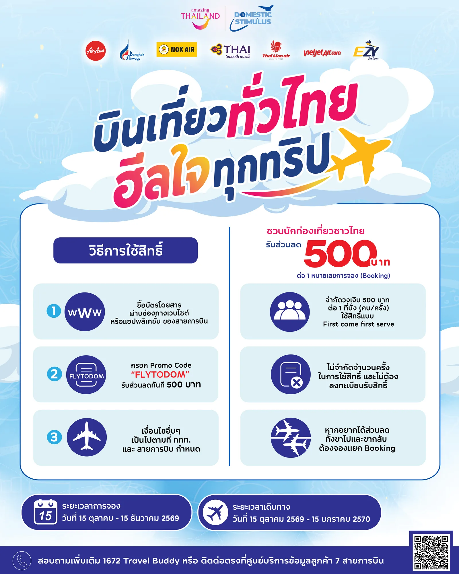 โปสเตอร์ ททท. แสดงวิธีใช้ส่วนลดตั๋วเครื่องบิน 500 บาท: จองบนเว็บไซต์หรือแอปของสายการบิน กรอกโค้ด FLYTODOM และจองไป-กลับแยก Booking พร้อมช่วงจองและช่วงเดินทาง