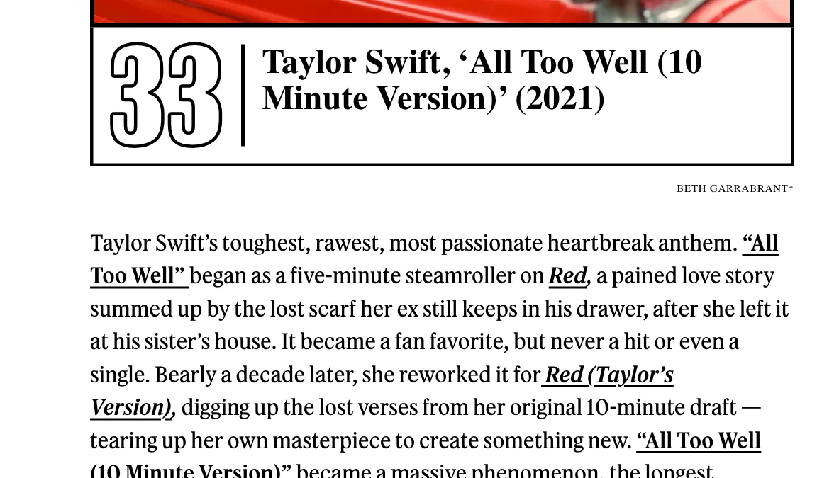 ภาพหน้าจอรายการของ Rolling Stone ที่แสดง All Too Well Rolling Stone อันดับ 33 Taylor Swift, All Too Well (10 Minute Version) ปี 2021 พร้อมคำอธิบายของนิตยสาร