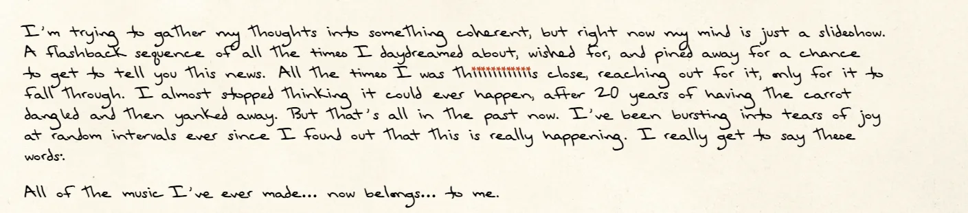 ภาพหน้าจอจดหมายลายมือ Read My Letter บนเว็บไซต์ taylorswift.com ที่ Taylor Swift เขียนว่าเพลงทุกเพลงที่เคยทำตอนนี้เป็นของเธอแล้ว