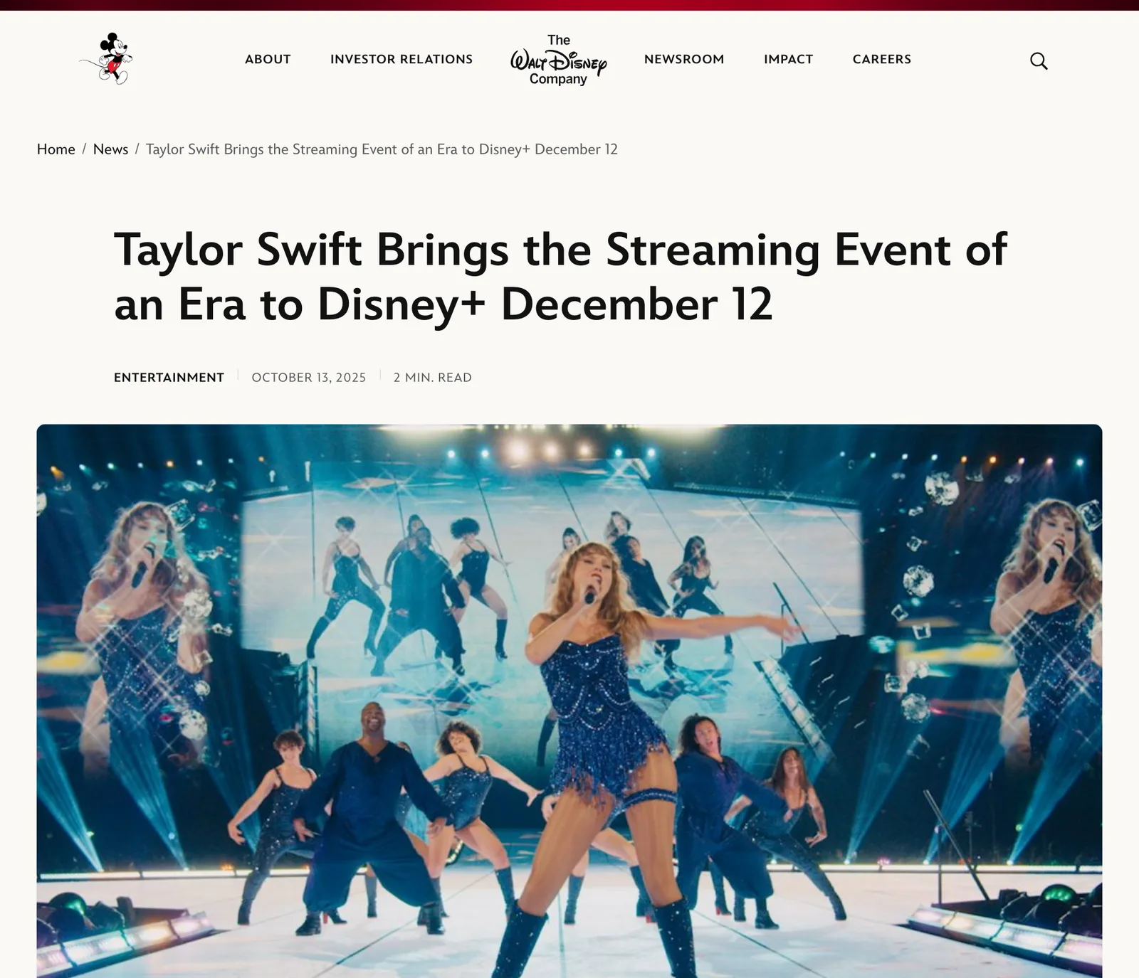 ภาพหน้าจอประกาศของ The Walt Disney Company ลงวันที่ 13 ตุลาคม 2025 หัวข้อ Taylor Swift Brings the Streaming Event of an Era to Disney+ December 12