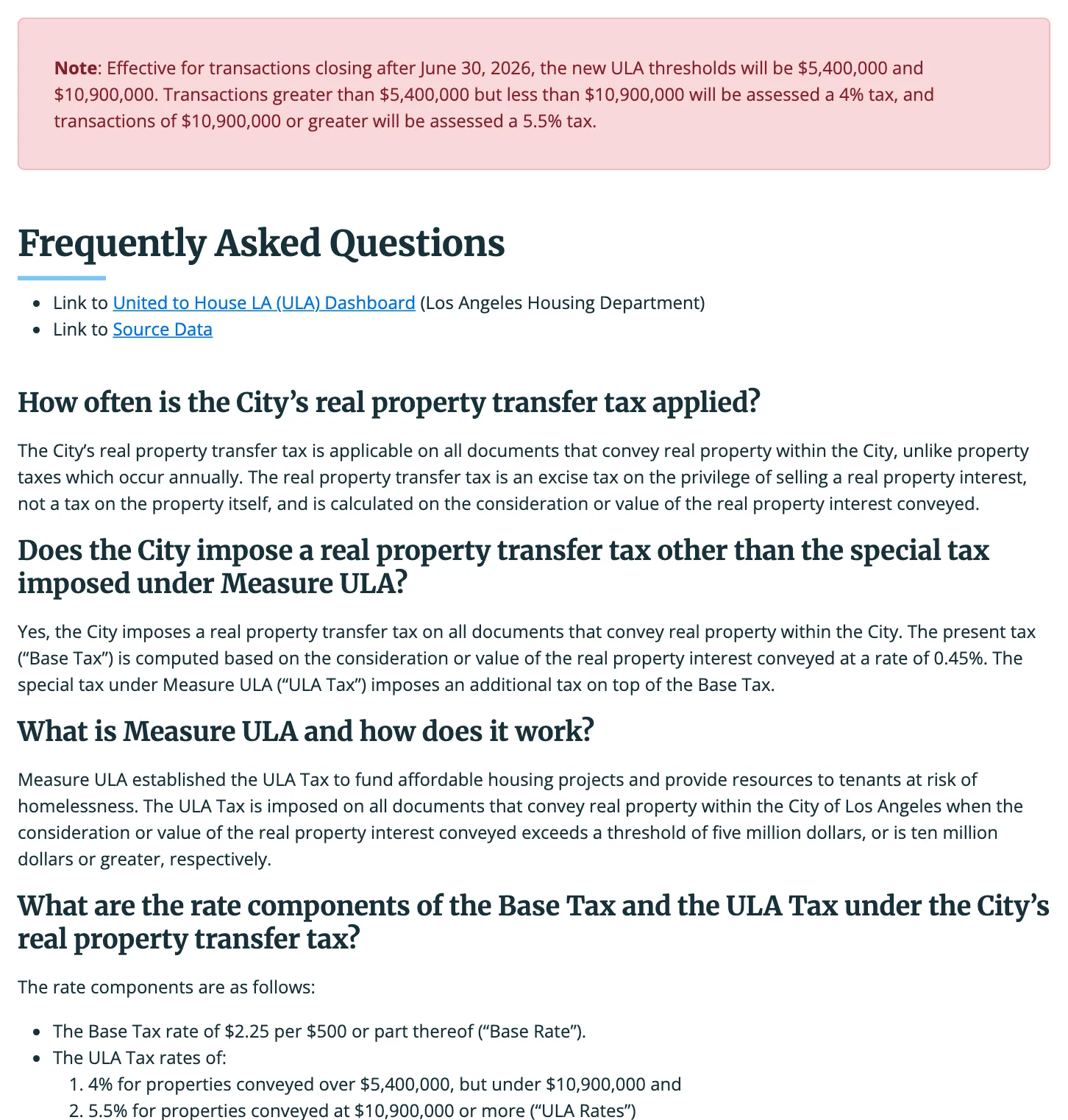 ข้อความใน FAQ ของ Office of Finance เมือง Los Angeles ระบุว่าธุรกรรมที่ปิดหลัง 30 มิถุนายน 2026 ที่ราคาเกิน 5,400,000 ดอลลาร์แต่ไม่ถึง 10,900,000 ดอลลาร์เสียภาษี ULA 4% และภาษีโอนพื้นฐาน 0.45%