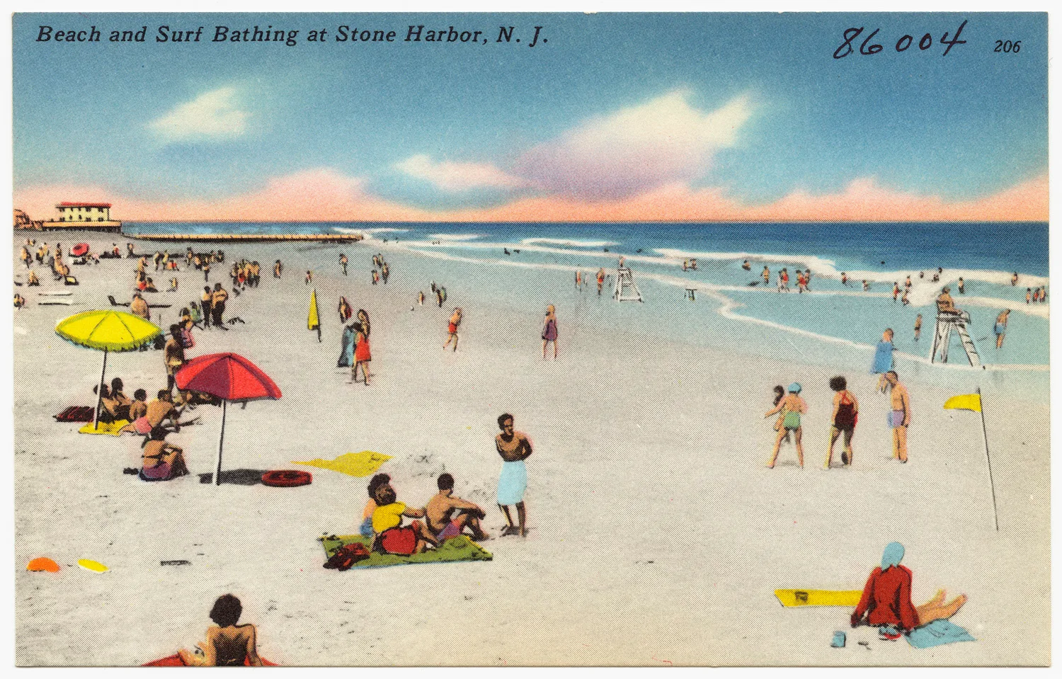 โปสการ์ดสีชายหาดและผู้คนเล่นน้ำทะเลที่ Stone Harbor รัฐนิวเจอร์ซีย์ ราวปี 1930–1945