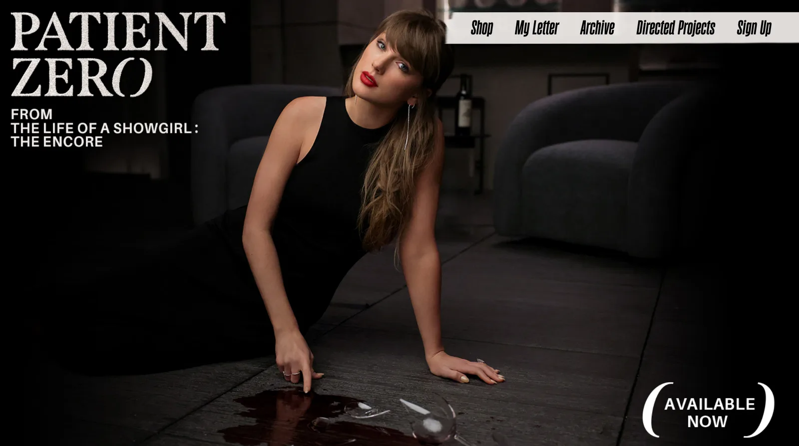 ภาพหน้าจอหน้าแรกเว็บไซต์ทางการ taylorswift.com โปรโมตเพลง Patient Zero จาก The Life of a Showgirl: The Encore
