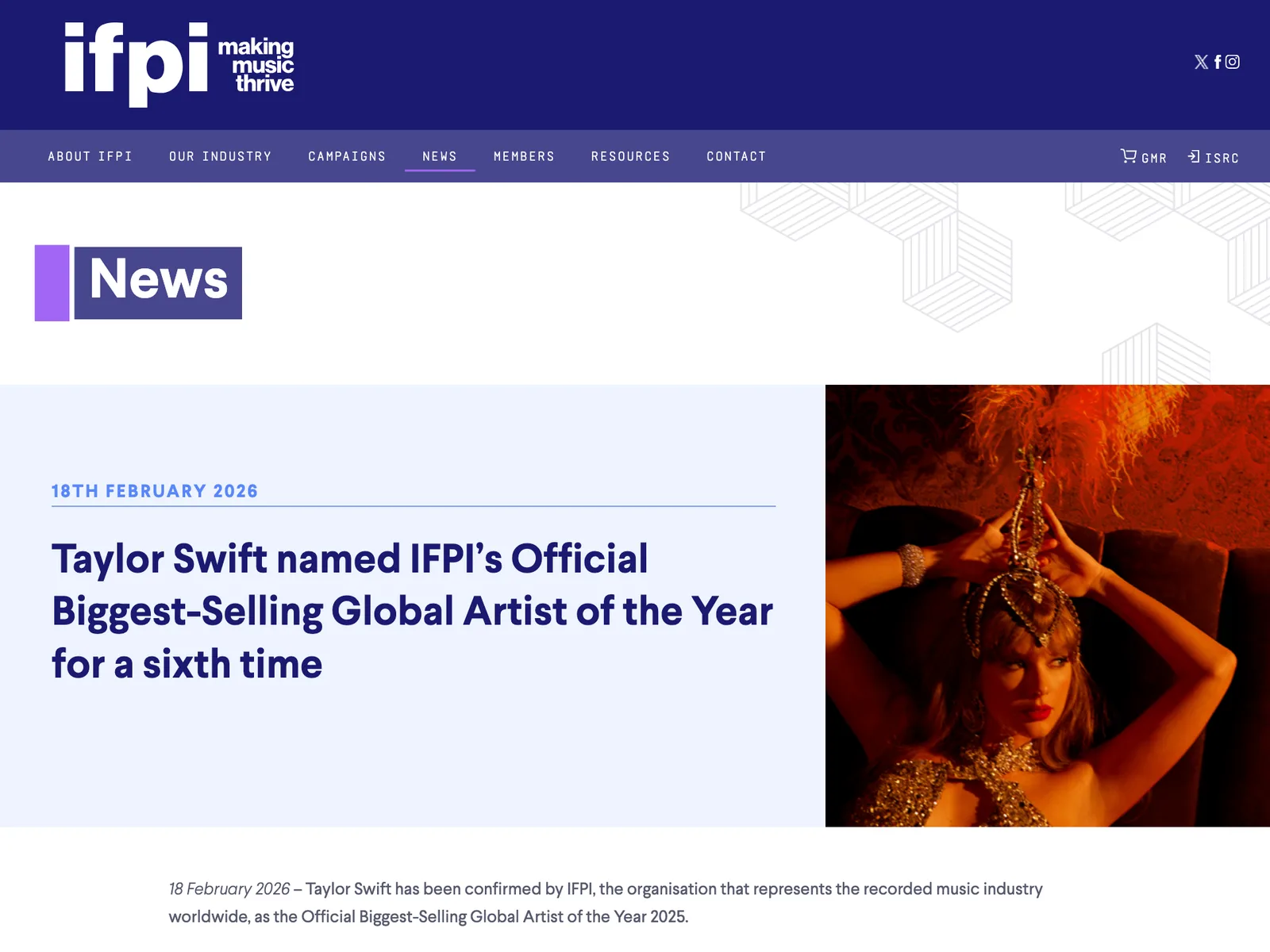 ภาพหน้าจอหน้าประกาศของ IFPI ลงวันที่ 18 กุมภาพันธ์ 2026 หัวข้อ Taylor Swift named IFPI's Official Biggest-Selling Global Artist of the Year for a sixth time