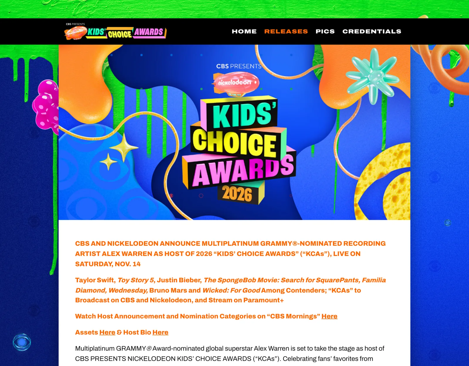 หน้าข่าวแจกของ CBS และ Nickelodeon บน nickkcapress.com ประกาศ Alex Warren เป็นพิธีกร Kids' Choice Awards 2026 ถ่ายทอดสด 14 พฤศจิกายน และระบุ Taylor Swift ในกลุ่มผู้เข้าชิง